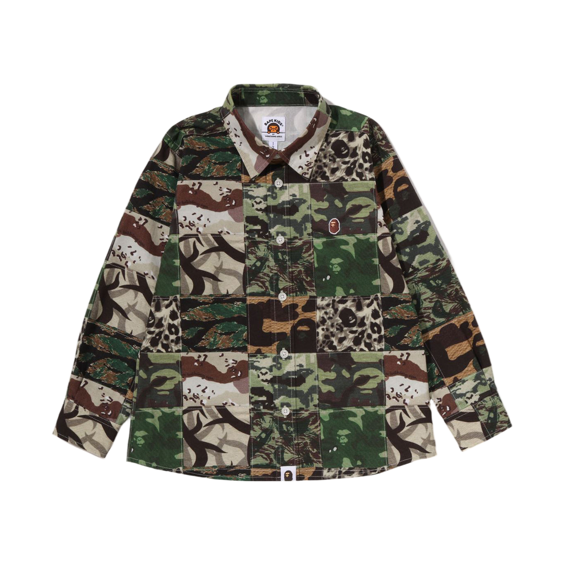 (키즈) 베이프 에이프 헤드 원 포인트 카모 패치워크 셔츠 그린((Kids) BAPE Ape Head One Point Camo Patchwork Shirt Green)