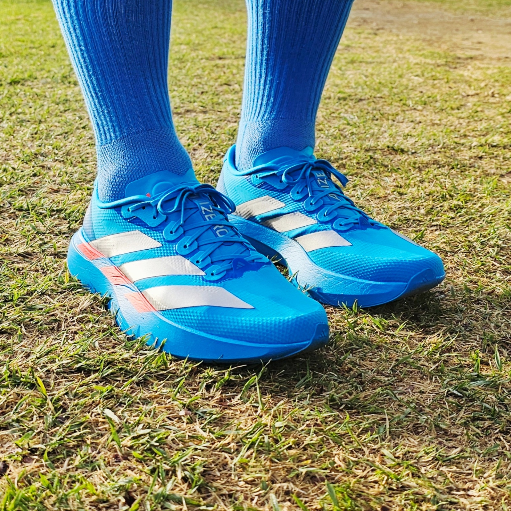 Adidas Adizero EVO SL Woven Solar Blue Silver Metallic 착용 스타일