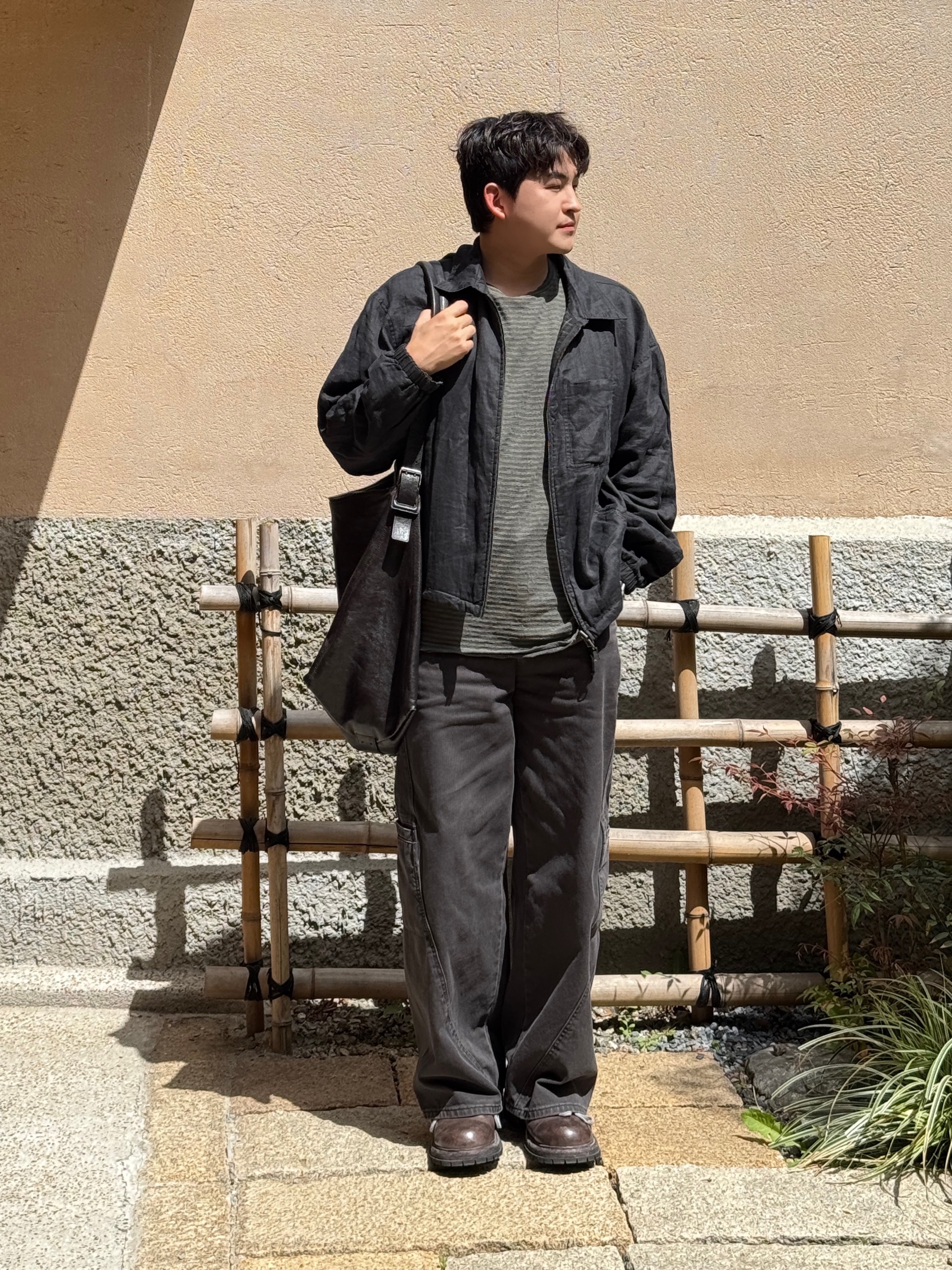 LOSTGARDEN Hound Grey, Polyteru Reversible Blouson Ramie & Check 002 Black Check + Charcoal 착용 스타일 - 1