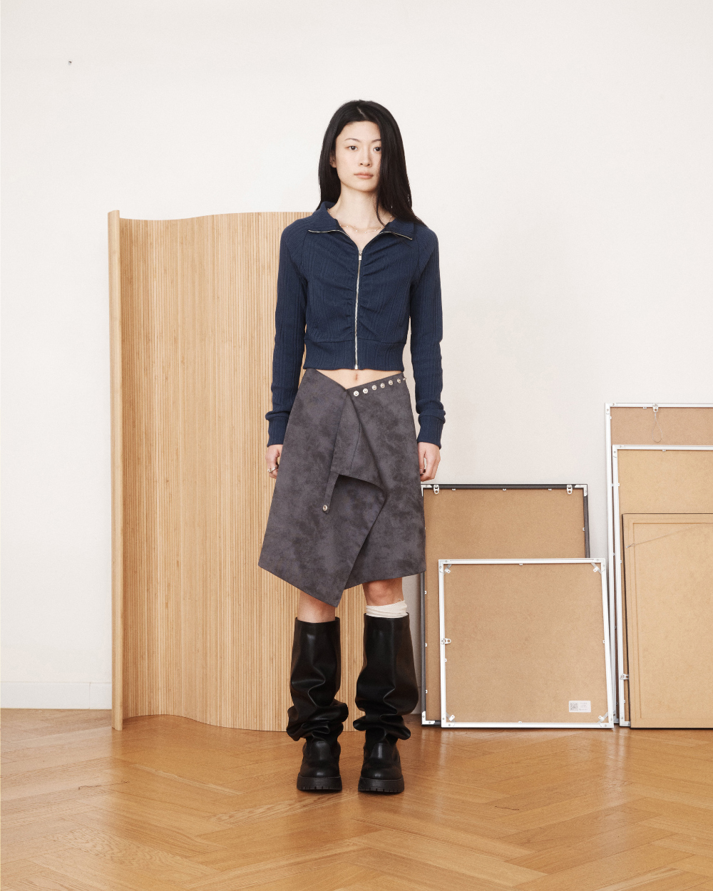 미와이후 셔링 크롭 립 집업 네이비(Miyhoo Sirring Crop Rib Zip-Up Navy) - 3