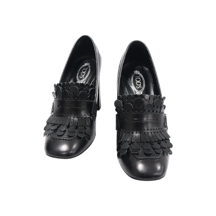 토즈 XXW0ZL0Q930GOCB999 블랙 레더 테슬 프린지 블럭힐 펌프스 여성 구두 35(Tod's Black Leather Tassel Fringe Block Heel Pumps)