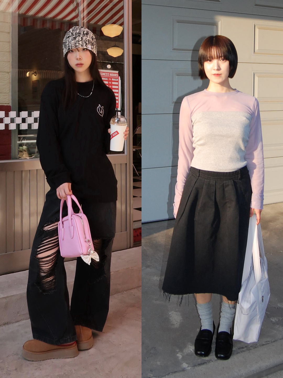 MILLO WOMEN Curved Damage Wide Jeans Stone Black, MILLO WOMEN Cut-off Pleated Skirt Black 착용 스타일 - 2