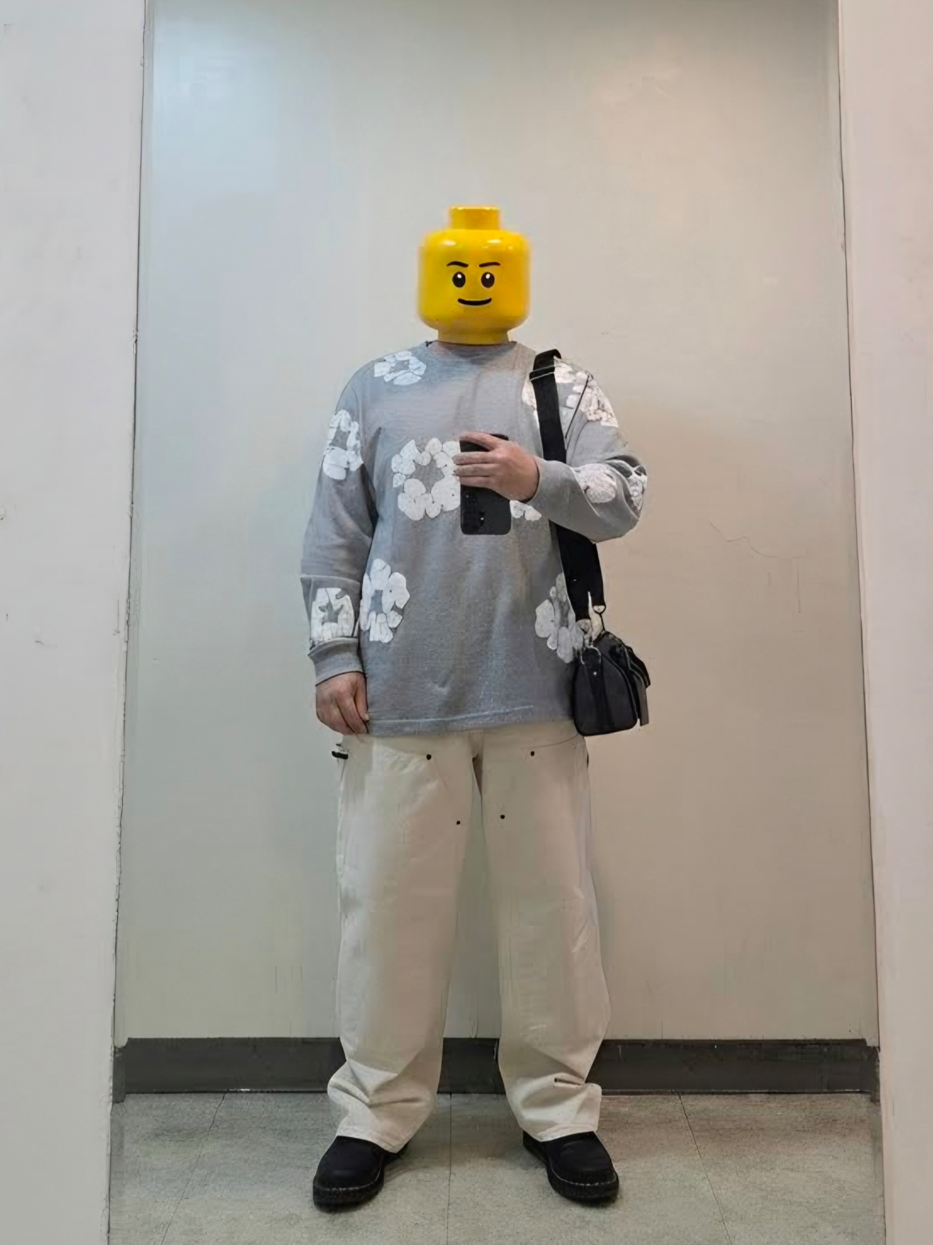 Supreme Double Knee Painter Pant Natural - 24FW, Denim Tears Long Sleeve Cotton Wreath T-Shirt Grey 착용 스타일