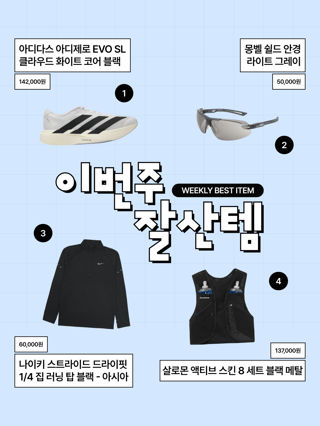 Adidas Adizero EVO SL Cloud White Core Black, Montbell Shield Glasses Light Gray 착용 스타일 - 1