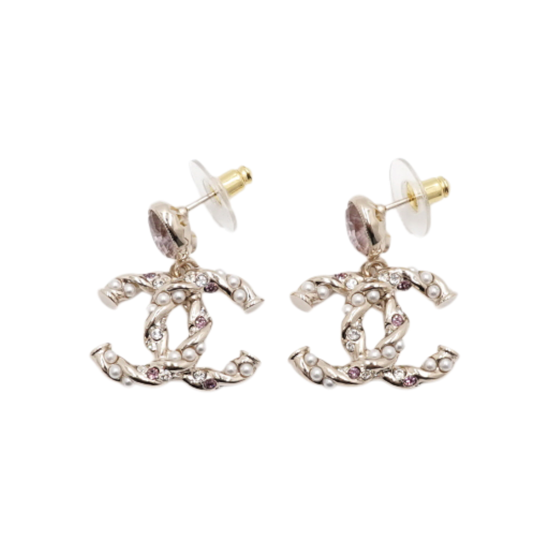 ITFRNU8DRCDP Chanel Crystal Pink Pearl CC Logo Women Drop Earrings