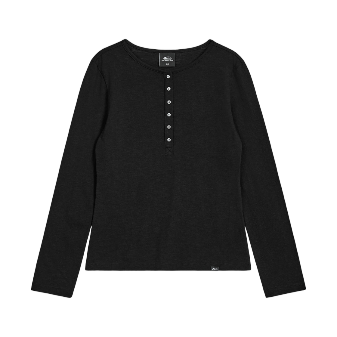 (W) 이미스 썸머 슬럽 헨리 넥 티셔츠 블랙((W) Emis Summer Slub Henley Neck T-Shirt Black)