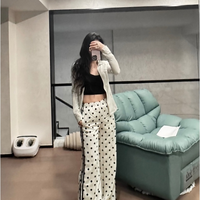 (W) Adidas Originals Satin Polka Dot Wide Leg Pants Off White - KR Sizing 착용 스타일