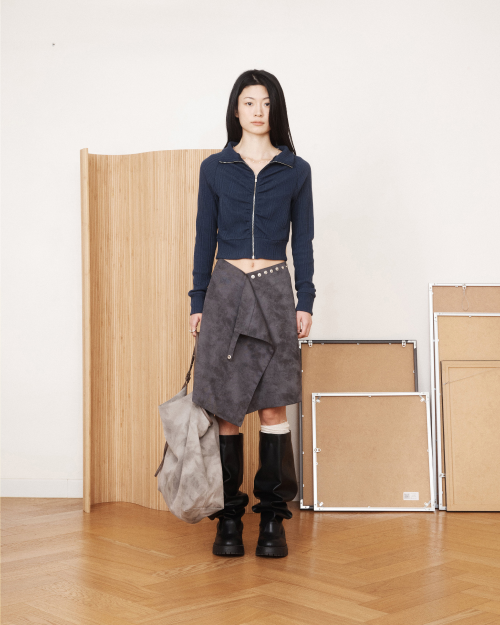 미와이후 스냅 미디 랩 스커트 차콜(Miyhoo Snap Midi Wrap Skirt Charcoal) - 3
