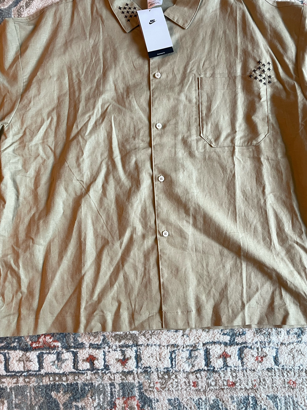 Nike Life Linen Short Sleeve Shirt Button Down Parachute Beige Baroque Brown 착용 스타일 - 5