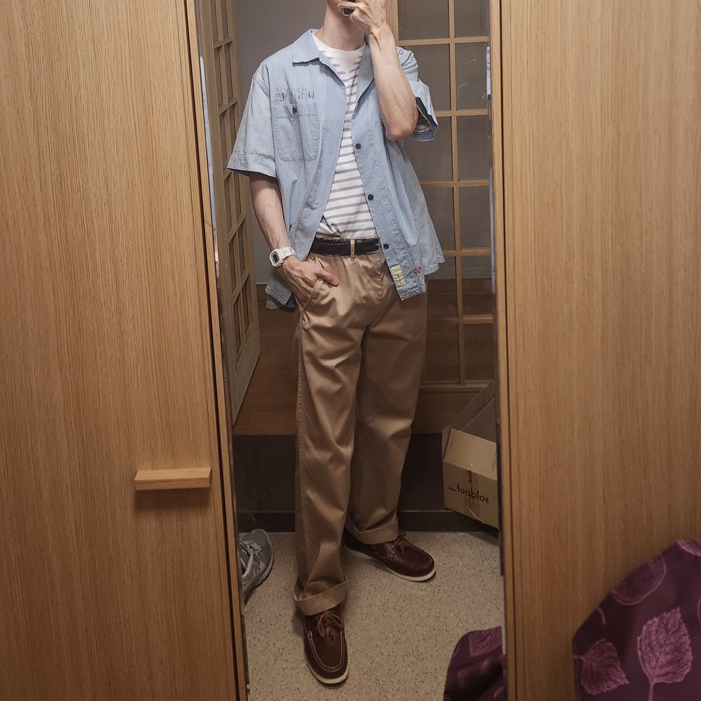 Buzz Rickson's Original Spec Chinos One Wash Beige, Casio G-Shock x LMC DW-5600LMC24-7DR 착용 스타일