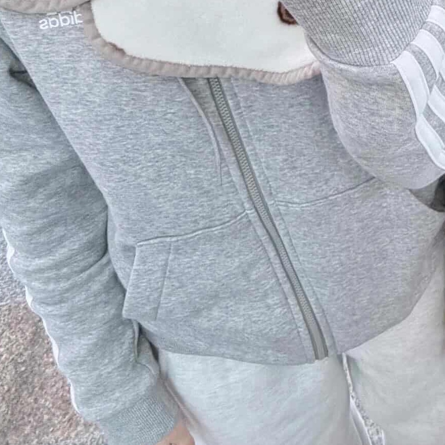 (W) Adidas Essentials 3S Full-Zip Fleece Hoodie Medium Grey Heather White - US Sizing 착용 스타일