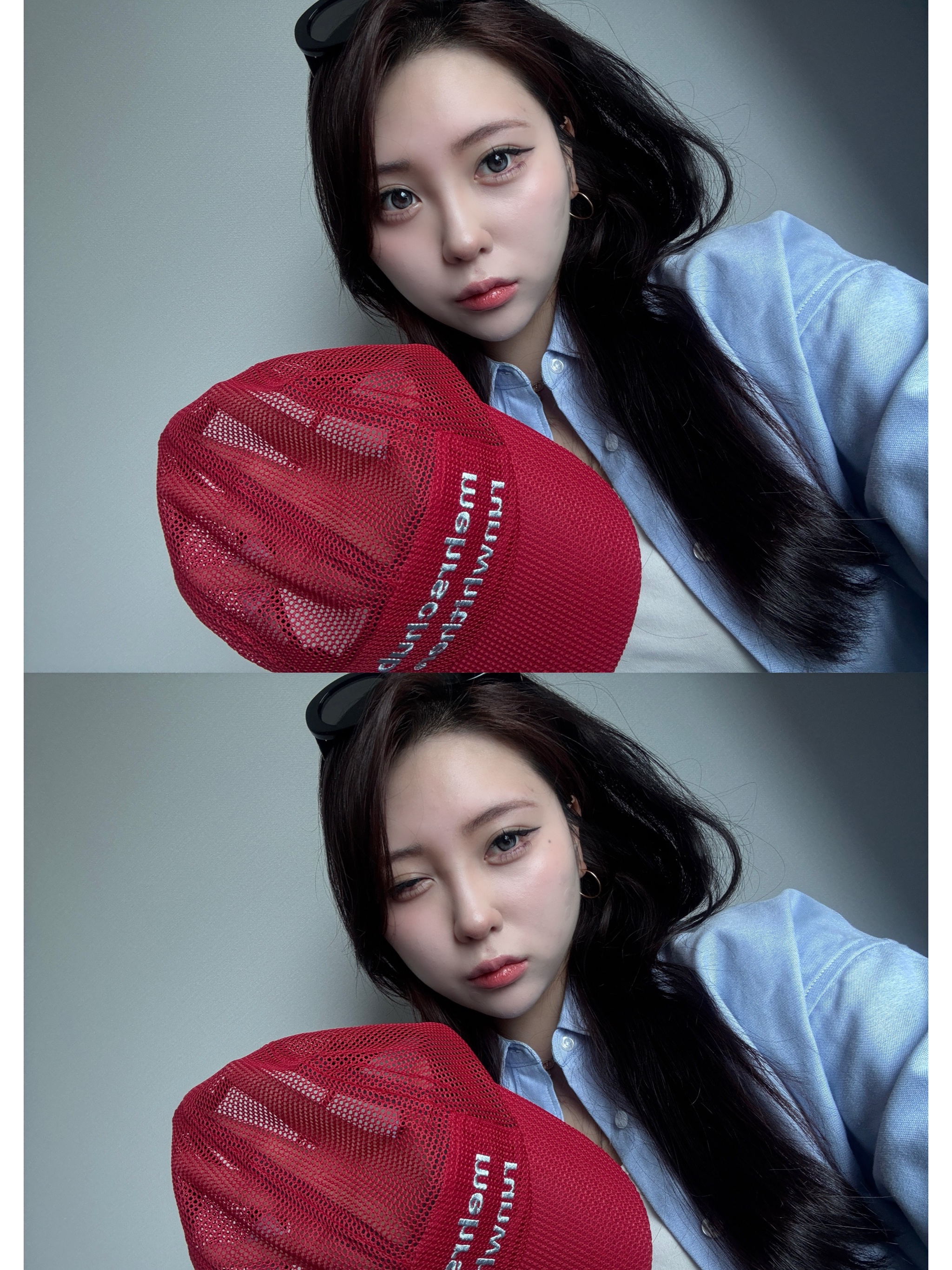 [KREAM 단독] runwhither Mesh Cap Red, (W) Celine Triomphe 01 Sunglasses in Acetate Black 착용 스타일 - 2