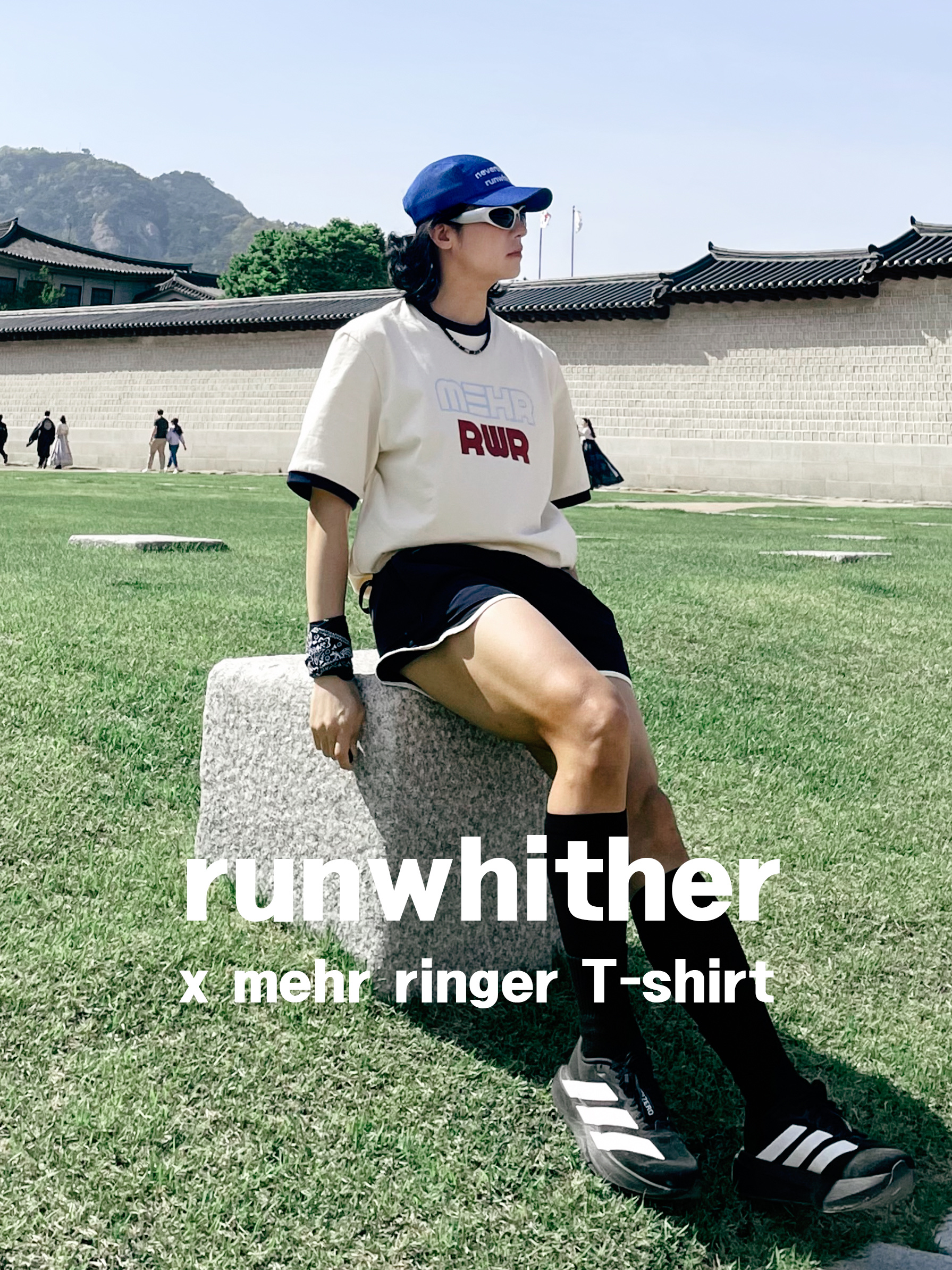 [KREAM 단독] RWR x MEHR Ringer T-Shirt Cream, [KREAM 단독] RWR x MEHR 3inch Shorts Dark Navy 착용 스타일 - 1