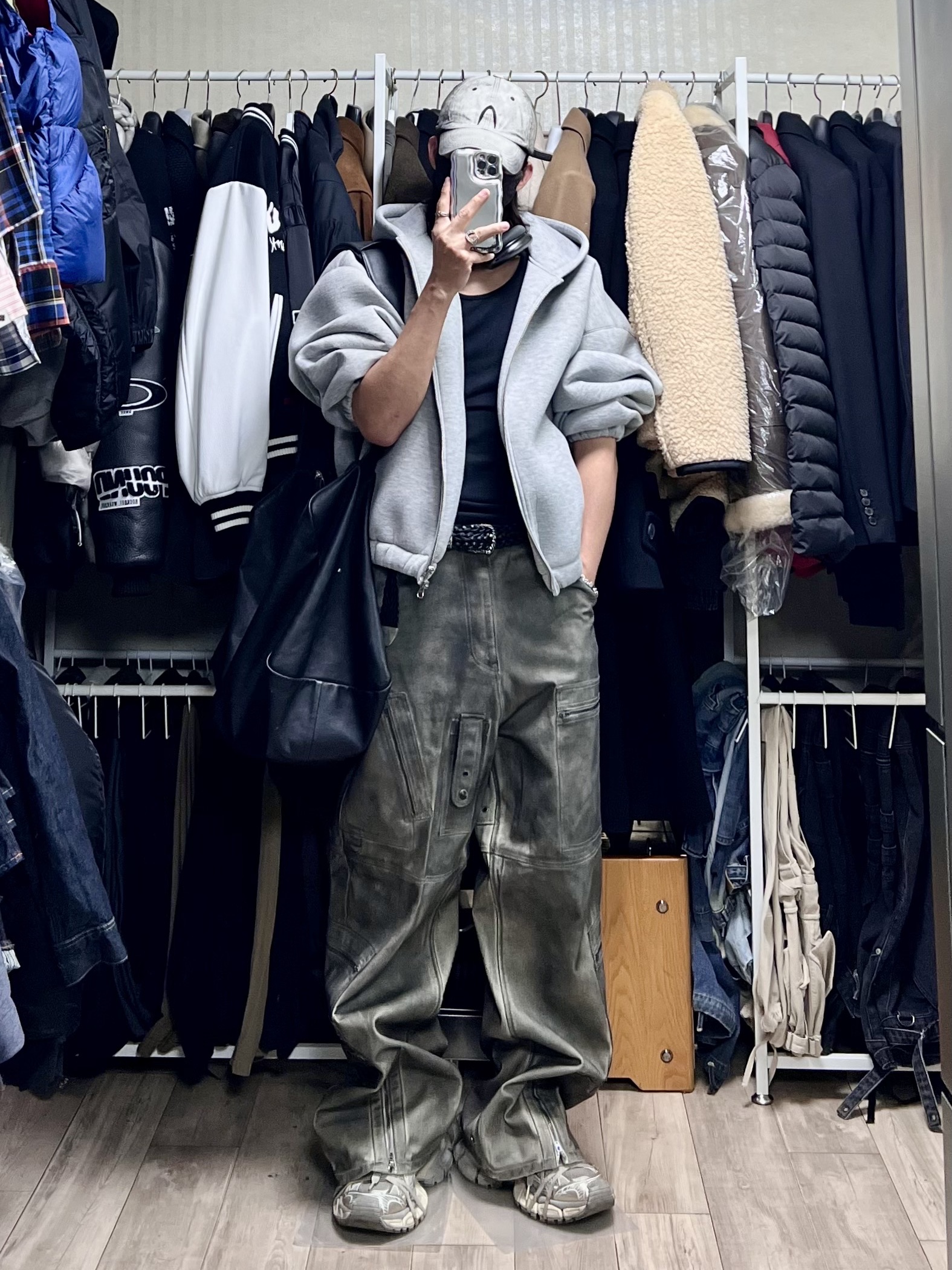 Project G/R Flight Denim Pants Dust Grey, [더블적립]Farfromwhat Far Weaving Belt Black 착용 스타일