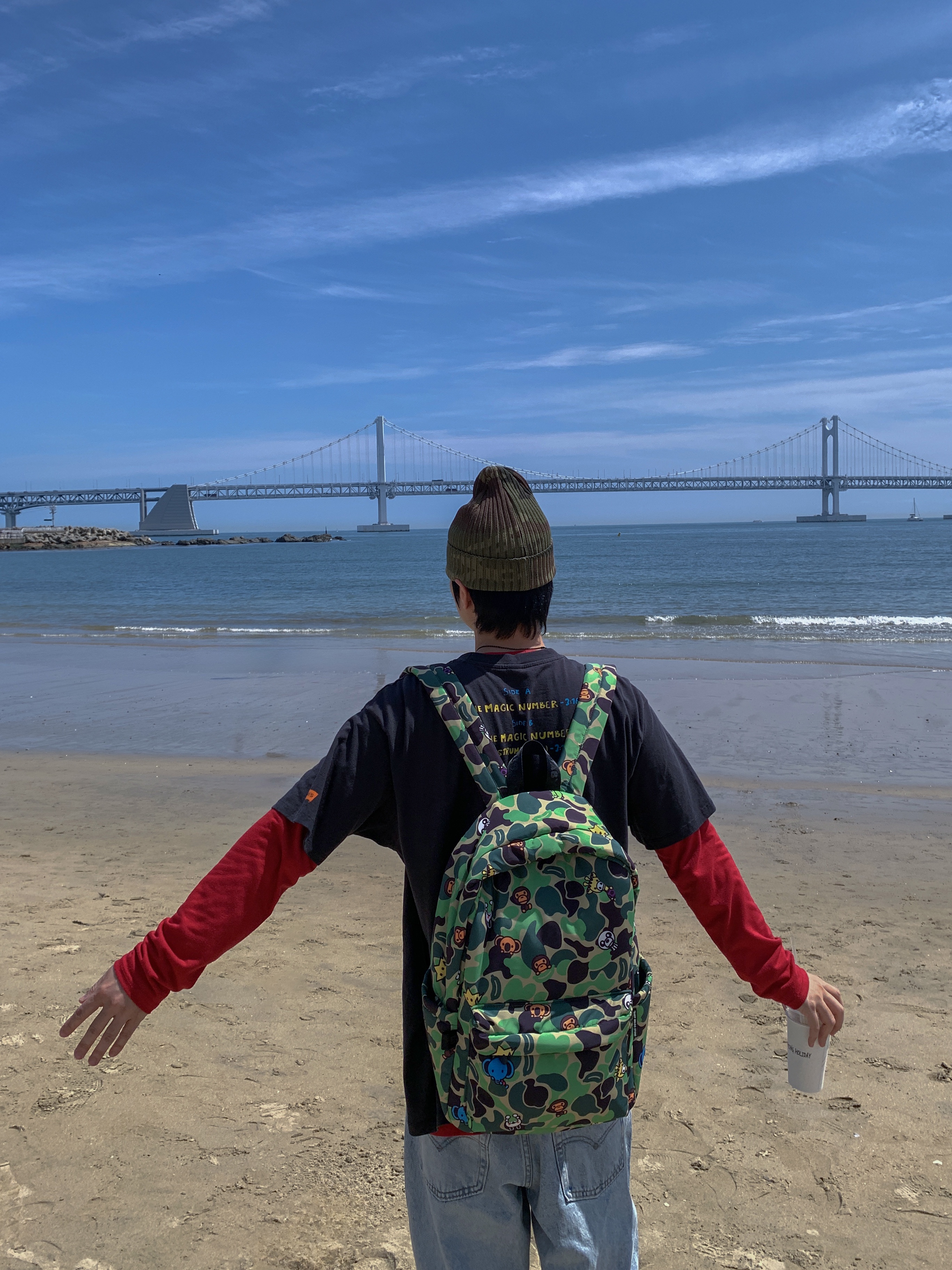 Supreme Overdyed Beanie Woodland Camo - 26SS, BAPE Baby Milo Large Backpack #5 Green 착용 스타일 - 3
