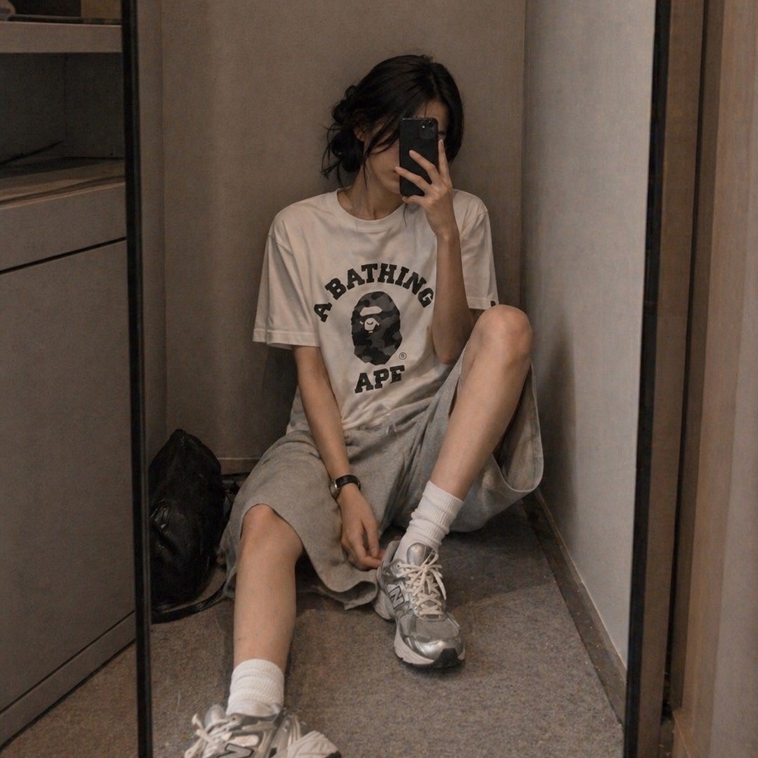 BAPE 1st Camo College T-Shirt White Green 착용 스타일 - 1