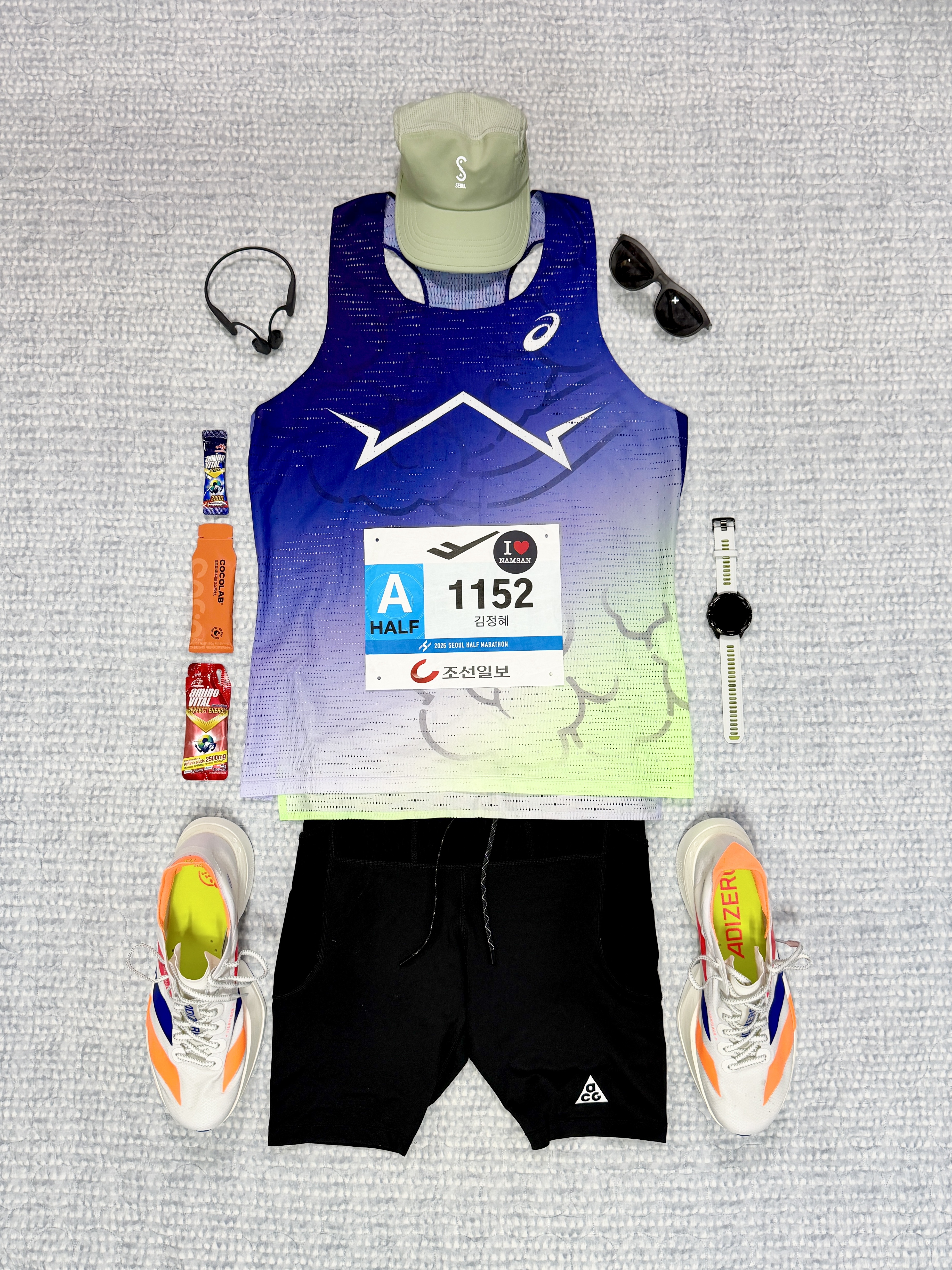 Asics Metaspeed Singlet Cobalt Burst, District Vision Takeyoshi Altitude Master Liquid Moss D+ Water Gray 착용 스타일