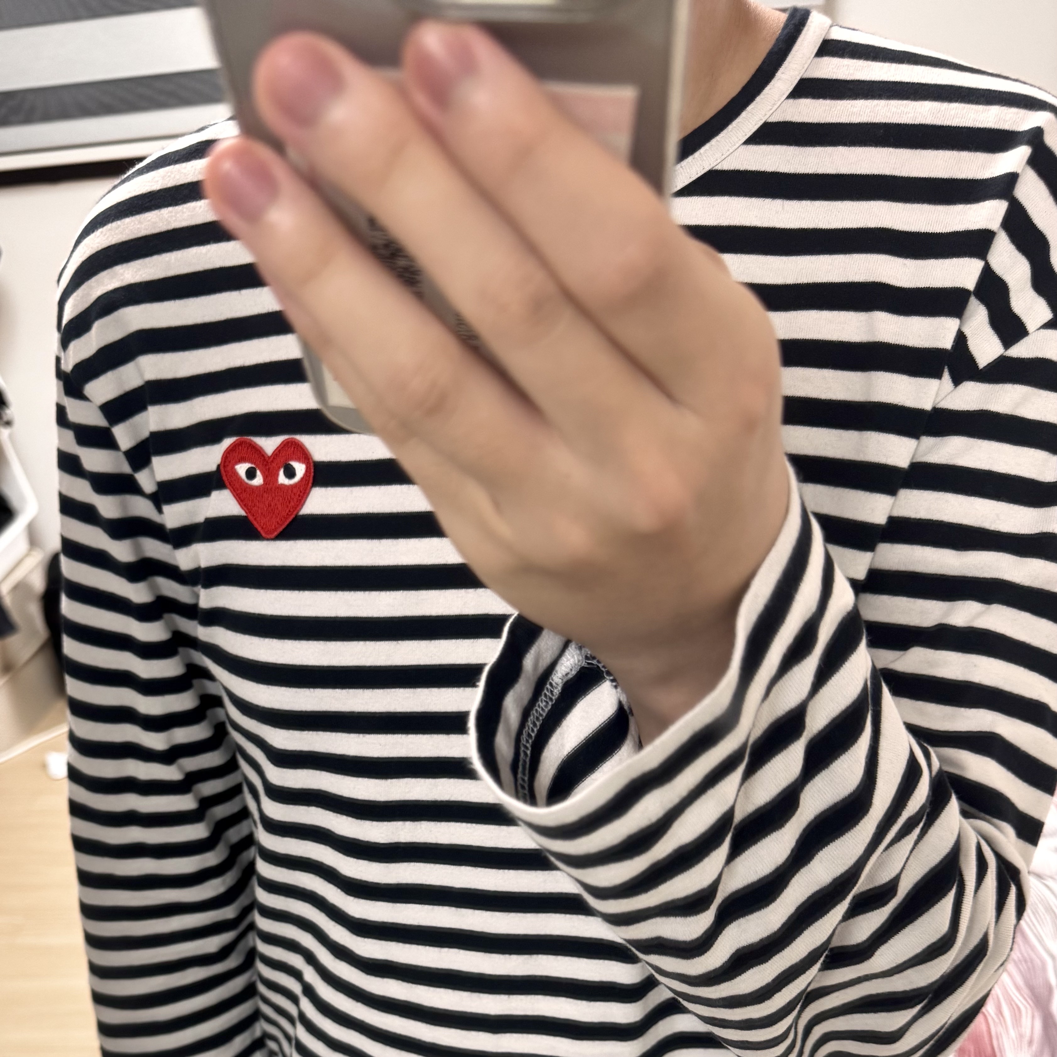 Play Comme des Garcons Striped LS T-Shirt Black White 착용 스타일