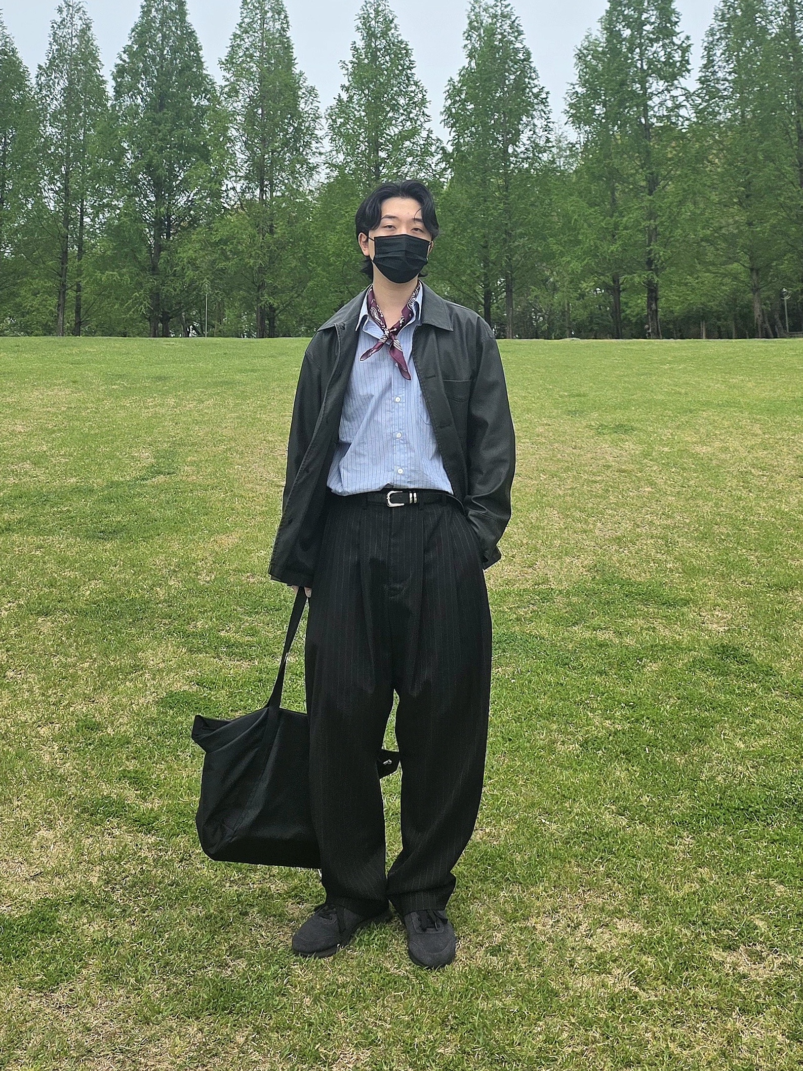 noun Wide Tapered Pants Stripe Black 착용 스타일 - 1