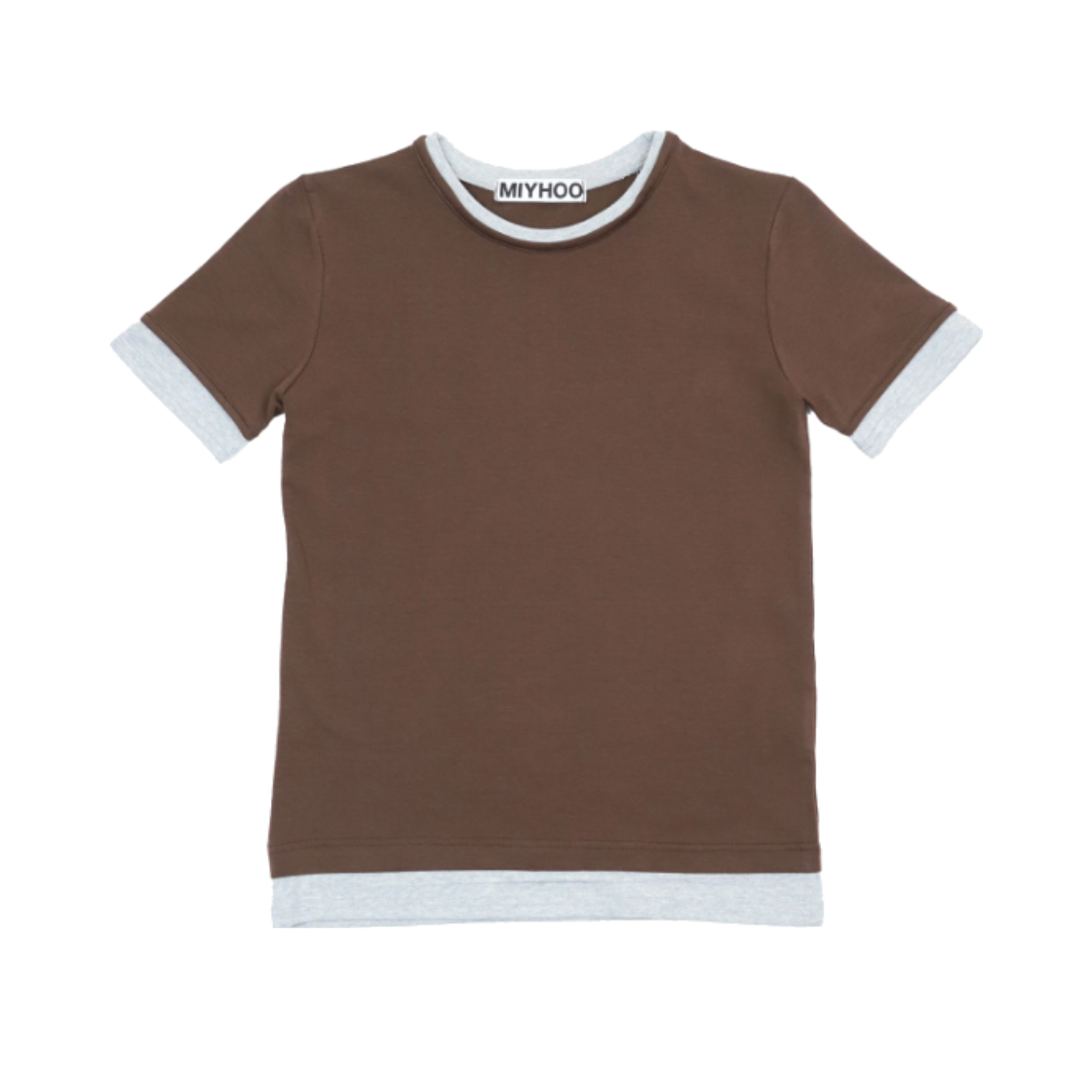 미와이후 투톤 레이어드 슬림 티셔츠 브라운 – 그레이(Miyhoo Two-Tone Layered Slim T-Shirt Brown– Gray)