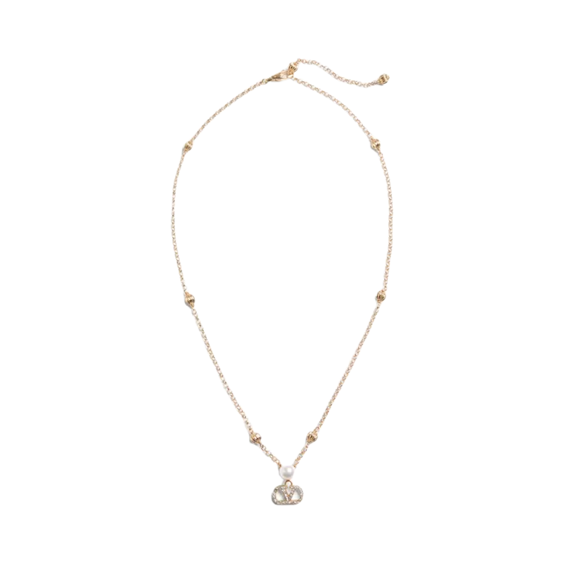 WJ0BI3QVSCNP Valentino Vlogo Signature Necklace in Metal Pearl and Swarovski Crystals Gold Cream Crystal