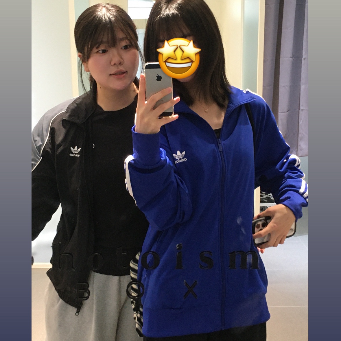 Adidas Moto Jacket Black White - KR Sizing, Adidas Adicolor Funnel Neck Track Top Semi Lucid Blue - KR Sizing 착용 스타일 - 1