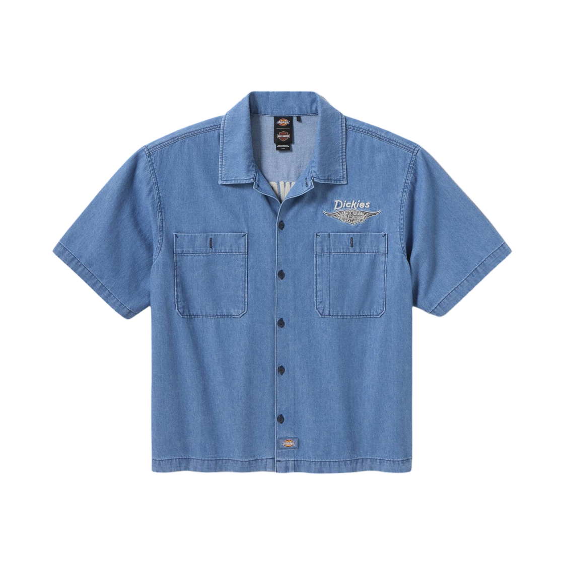 디키즈 x 할리 데이비슨 박시 핏 샴브레이 자수 워크 셔츠 블루(Dickies x Harley Davidson Boxy Fit Chambray Embroidered Work Shirt Blue)