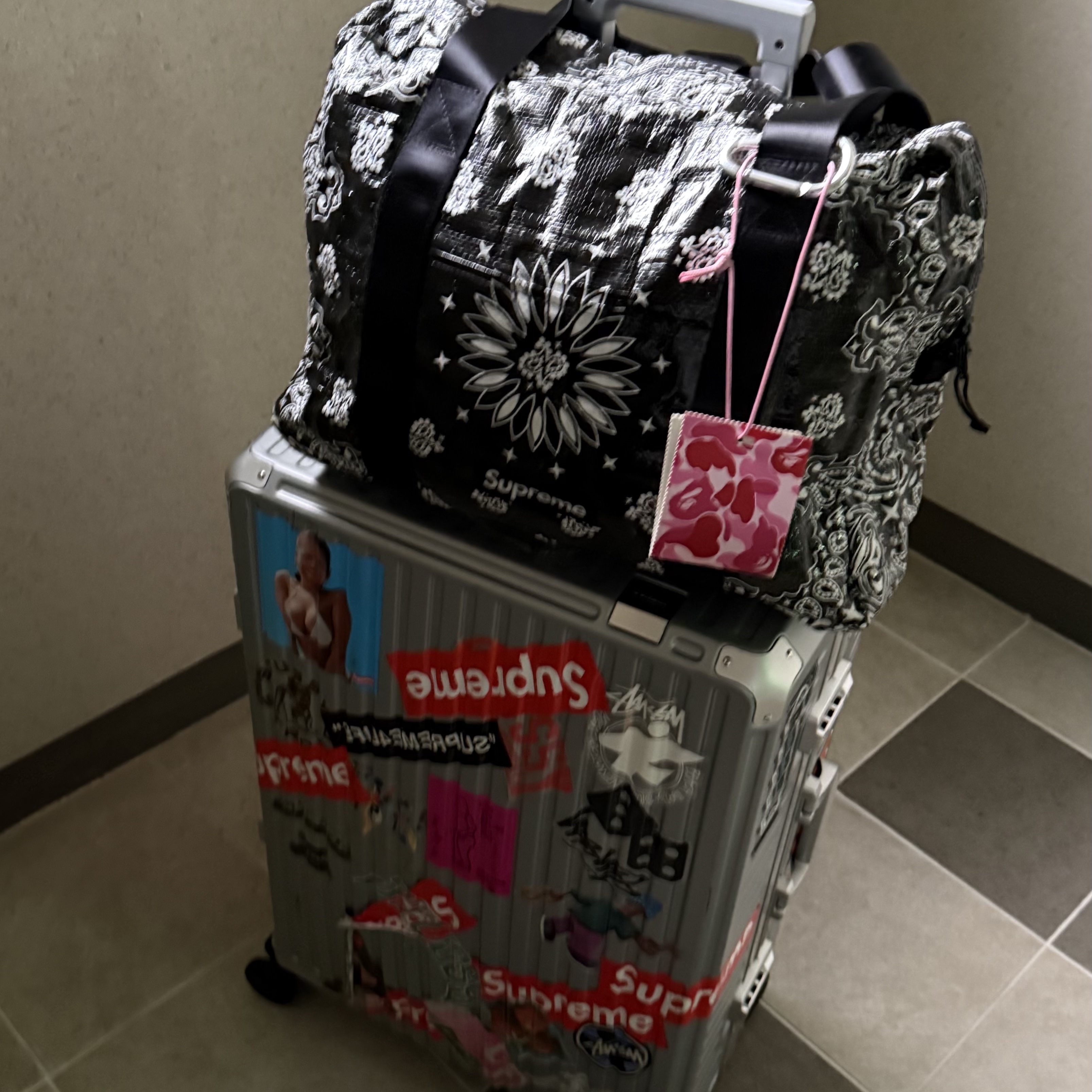 Supreme Bandana Tarp Small Duffle Bag Black - 21SS, BAPE ABC Camo Hang Tag Pink 착용 스타일