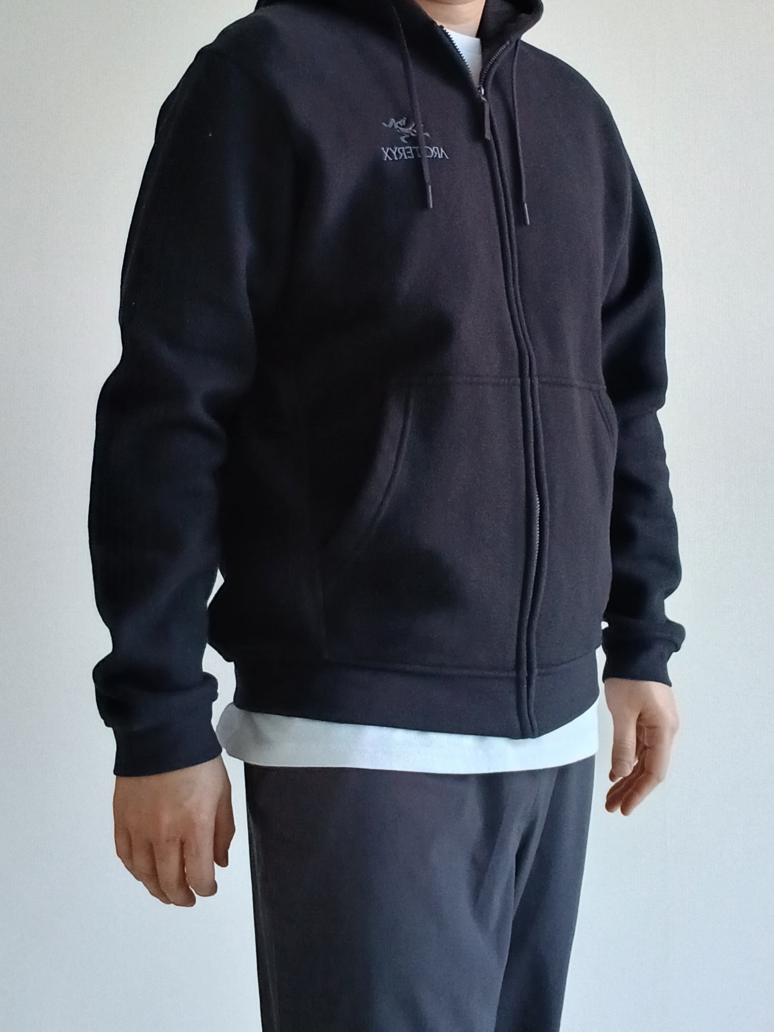 Arc'teryx Emblem Fleece Full-Zip Hoody Black, Patagonia Daily Pocket Short Sleeve T-Shirt Birch White 착용 스타일 - 3