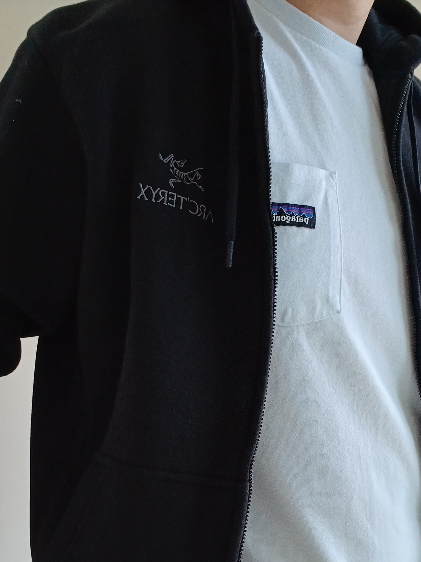 Arc'teryx Emblem Fleece Full-Zip Hoody Black, Patagonia Daily Pocket Short Sleeve T-Shirt Birch White 착용 스타일 - 2