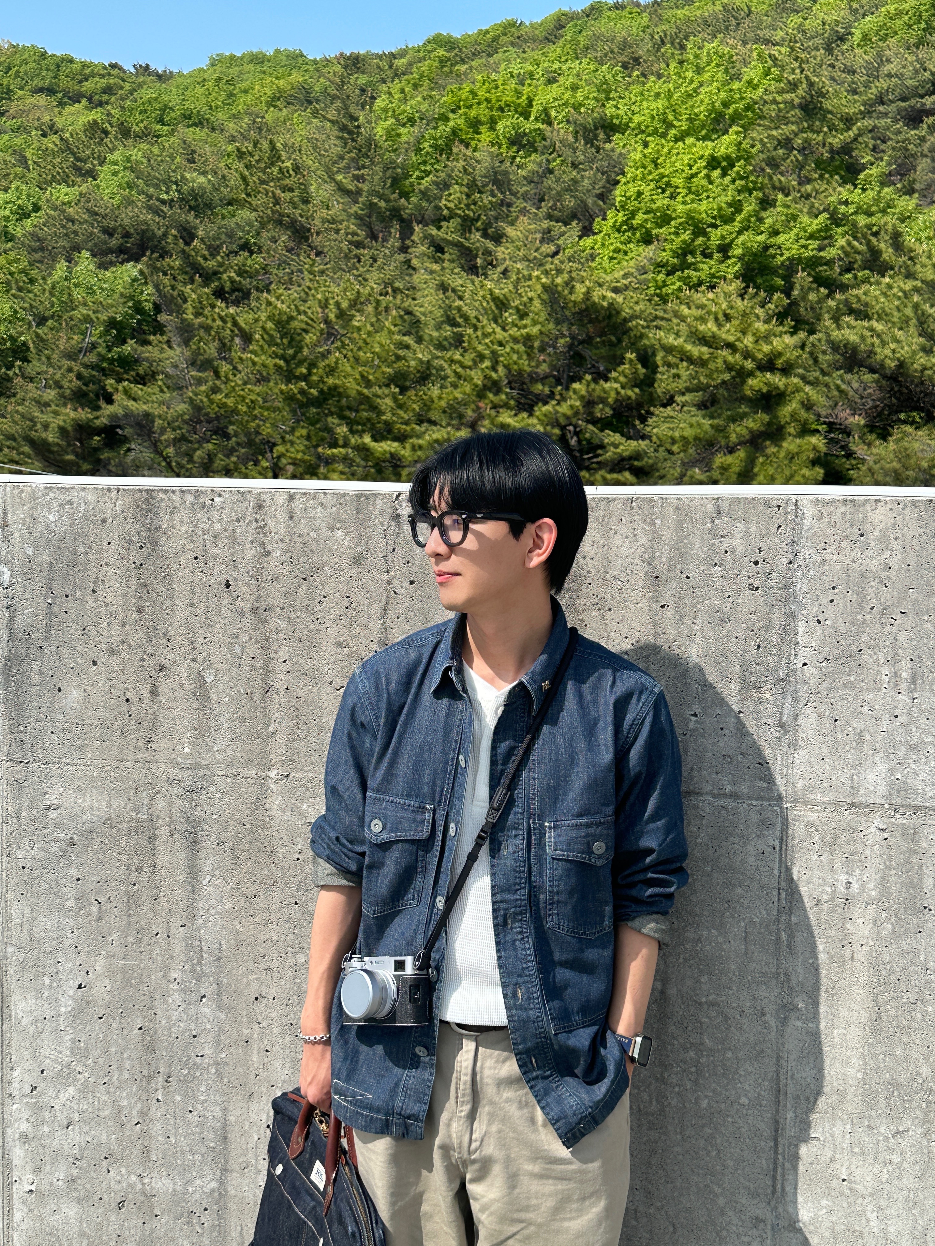 Double RL Indigo Denim Overshirt Dark Wash, Fujifilm X100VI Silver (Korean Ver.) 착용 스타일 - 1