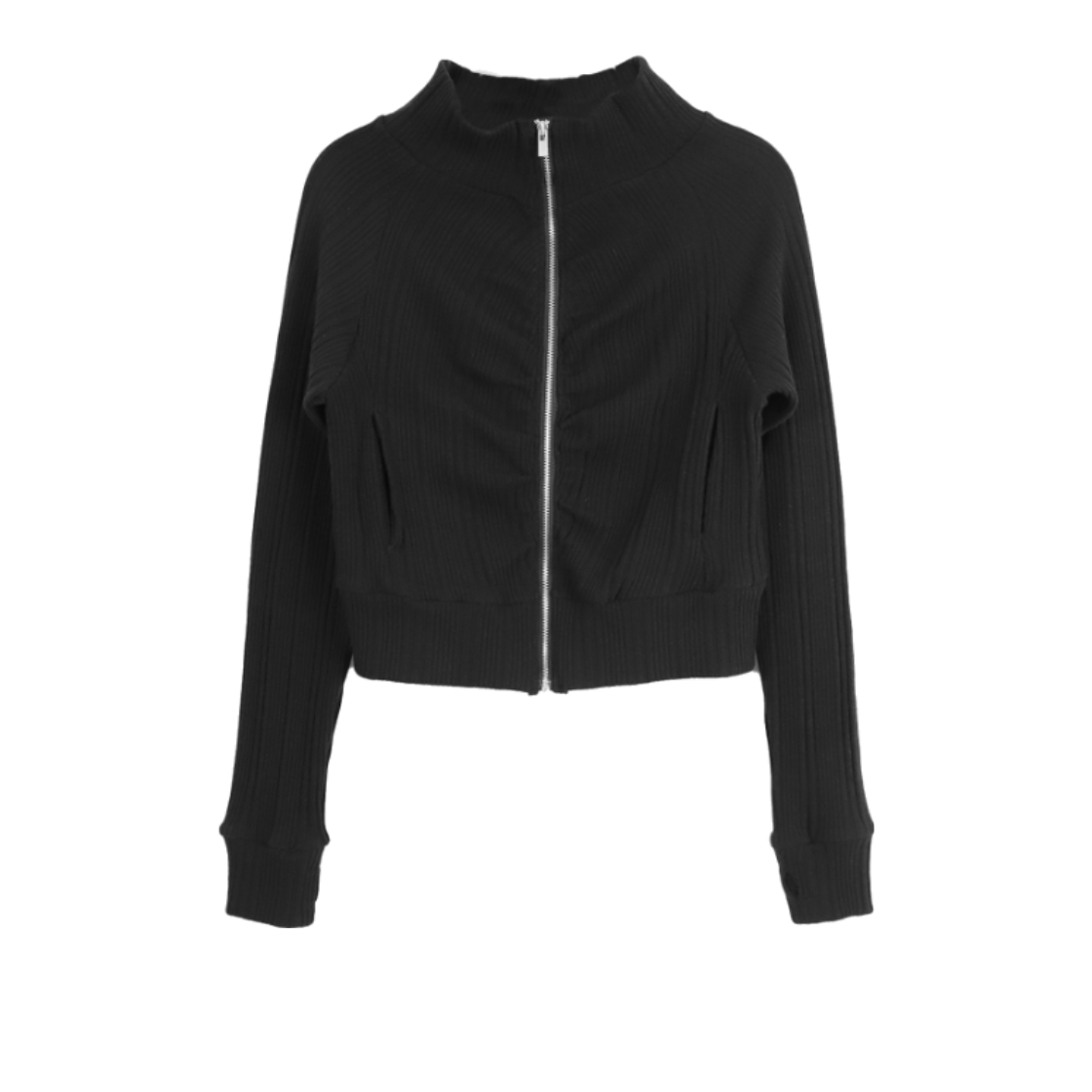 미와이후 셔링 크롭 립 집업 블랙(Miyhoo Sirring Crop Rib Zip-Up Black)