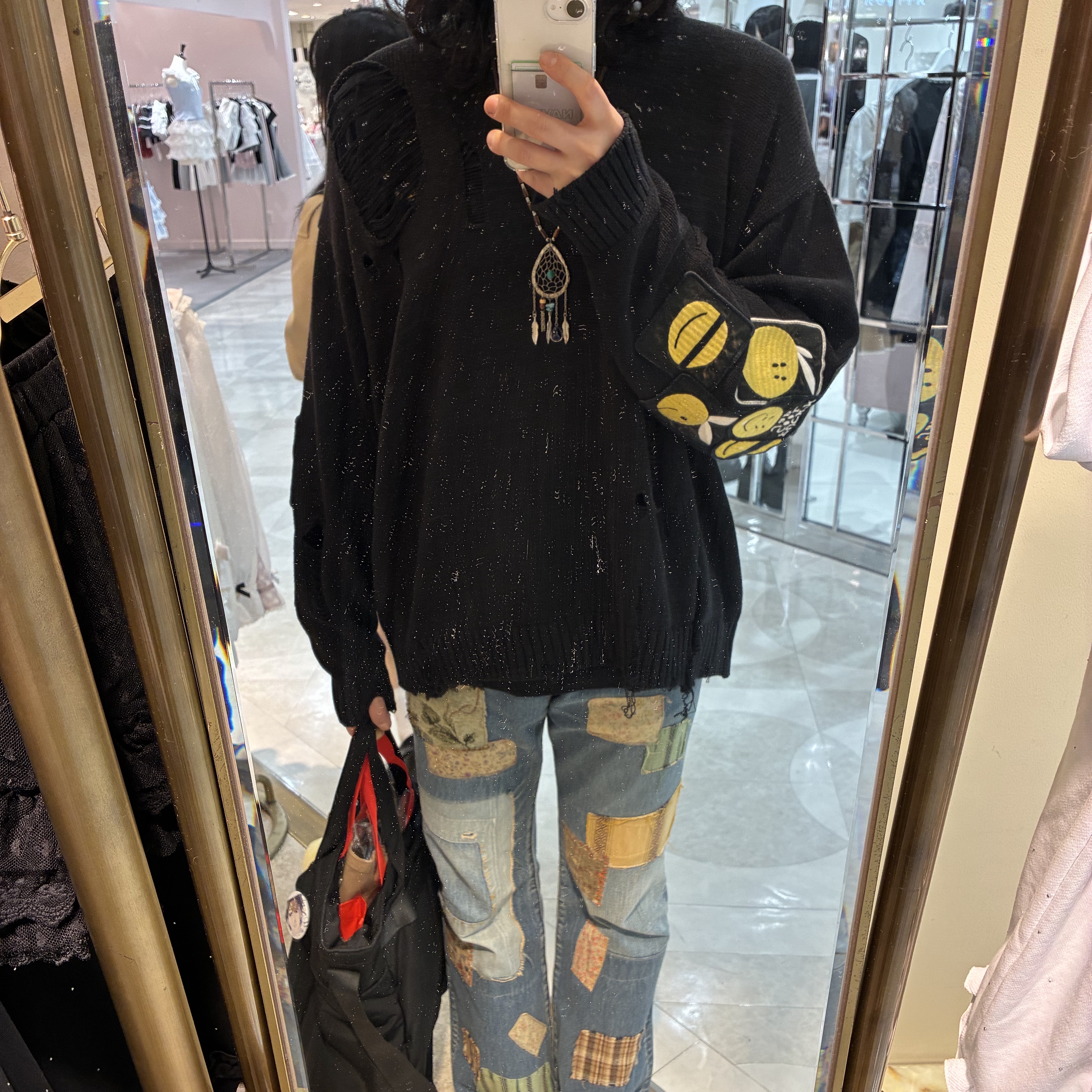 Kapital 5G Cotton Knit Crew Sweater Anarchy Rainbowy Remake Black 착용 스타일