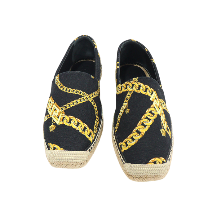 베르사체 1004041 블랙 캔버스 체인 프린트 라 그레카 에스파듀 남성 슬립온 41(Versace Black Canvas Chain Print La Greca Espadrille Slip-On)
