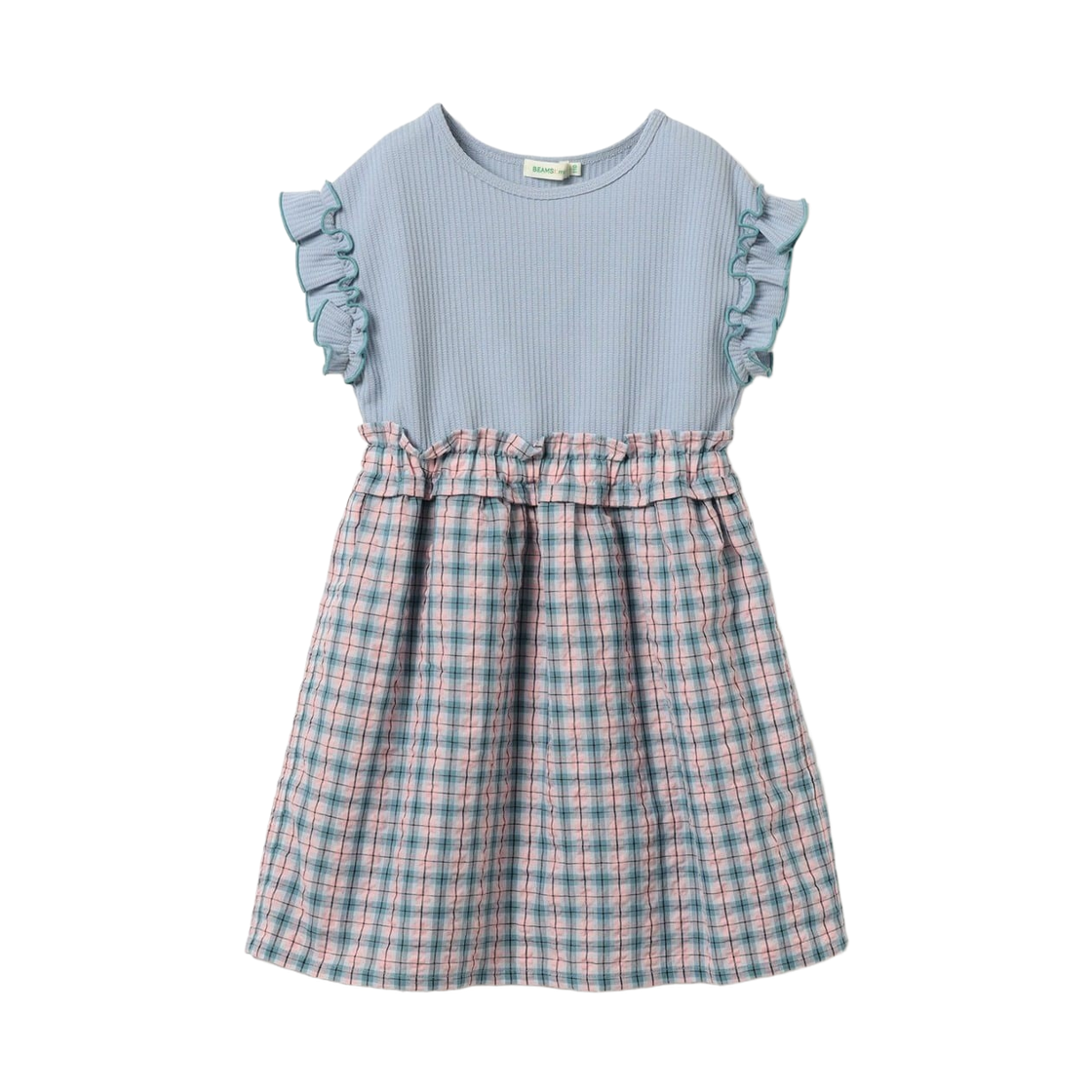 (키즈) 빔즈 미니 와플 니트 패널 드레스 삭스((Kids) Beams Mini Waffle Knit Panel Dress Saxe) - 1