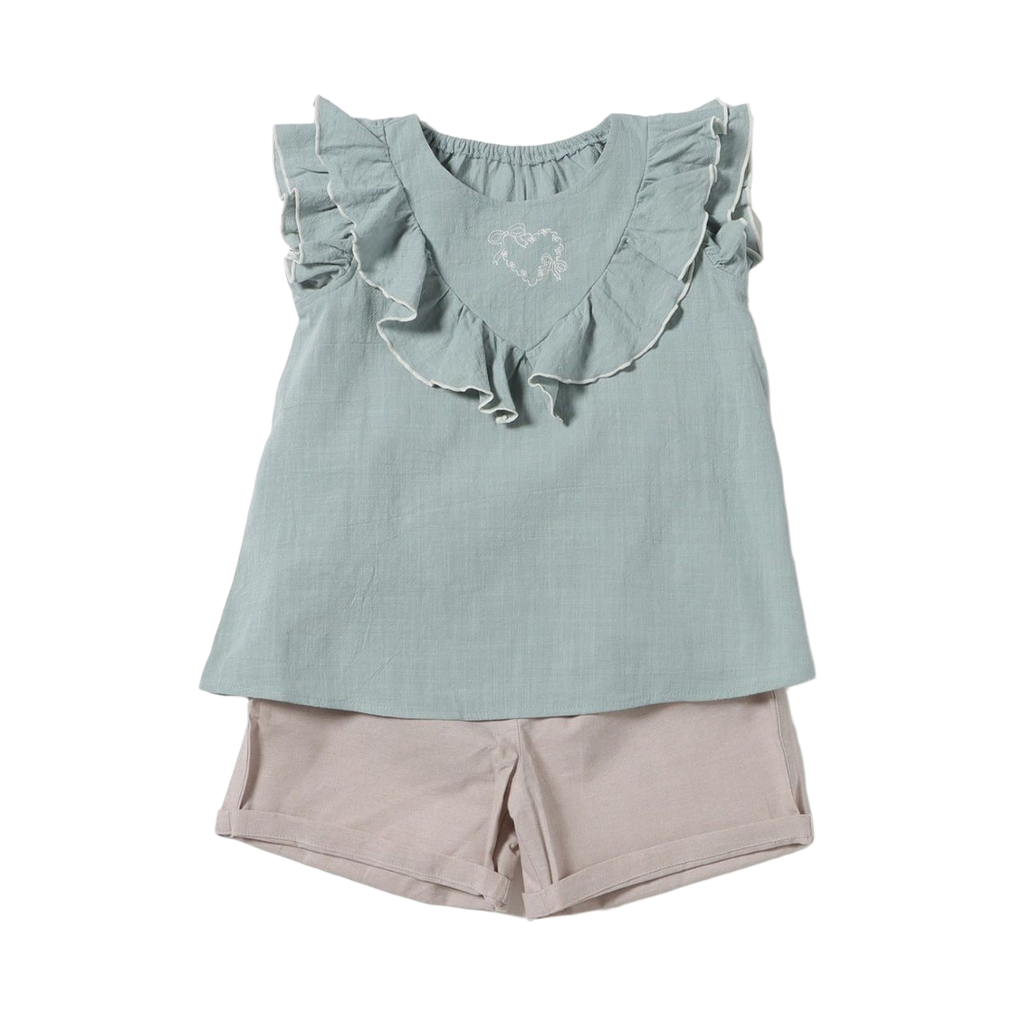 (키즈) 빔즈 미니 자수 프릴 풀오버 세트 그레이시 블루((Kids) Beams Mini Embroidered Frill Pullover Set Greyish Blue) - 1