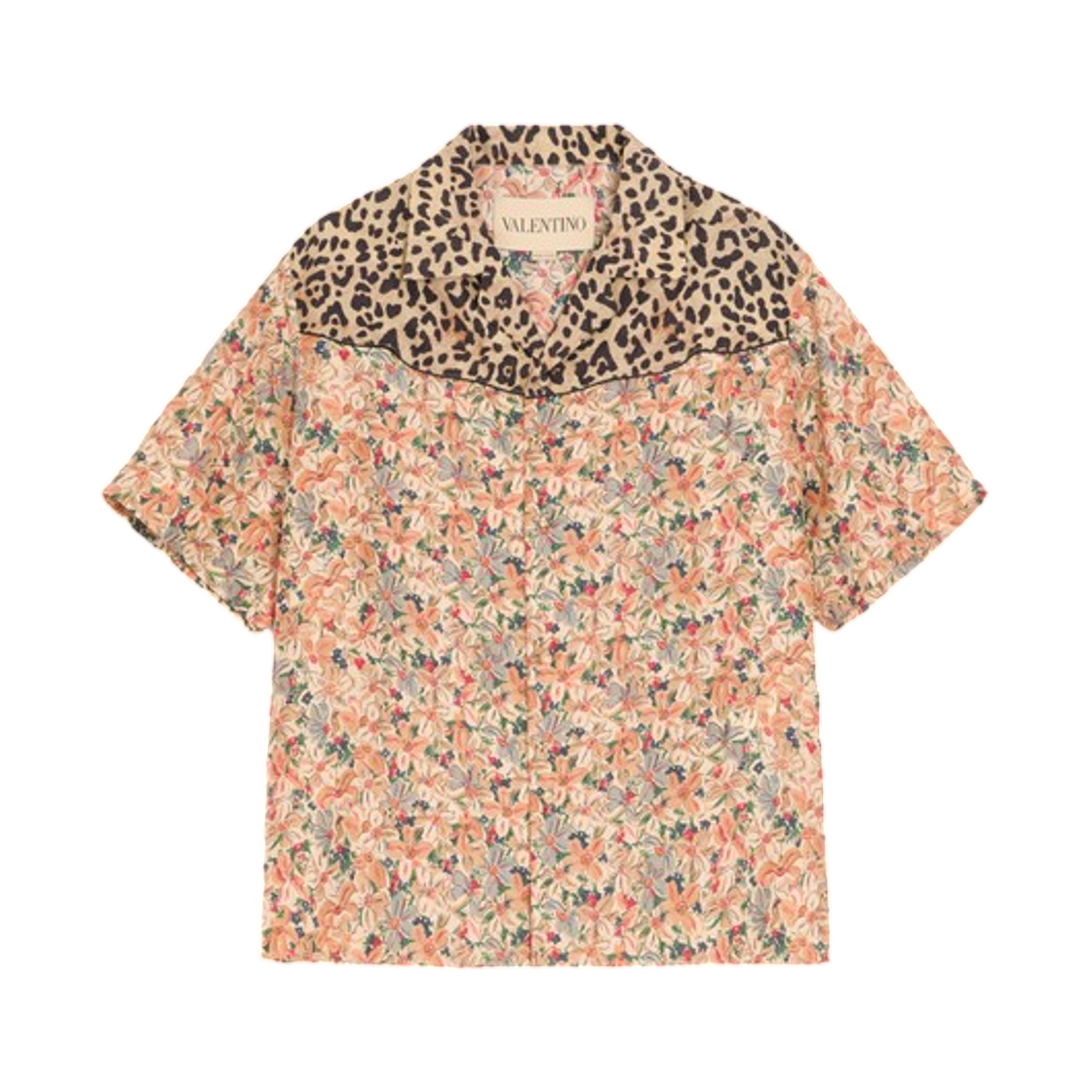 VAA311BJ1QD7 Valentino Bowling Shirt in Silk Poplin with Fauve Eclat Animalier and Papier Floral Prints Multicolour