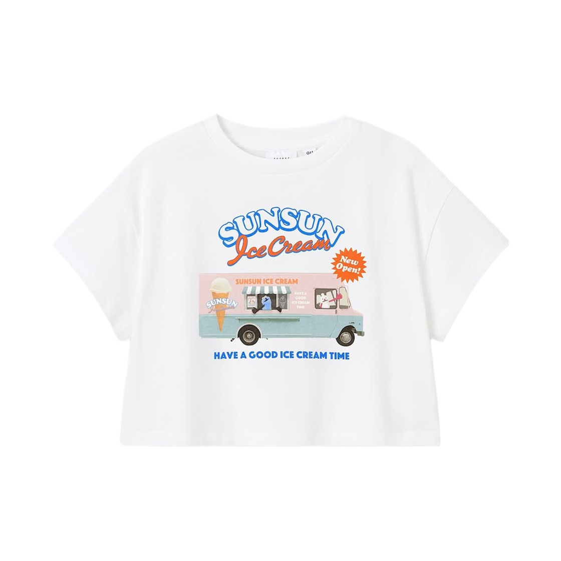 360428-01 (Kids) GU x Puppet Sunsun Graphic Cropped T-Shirt Off White