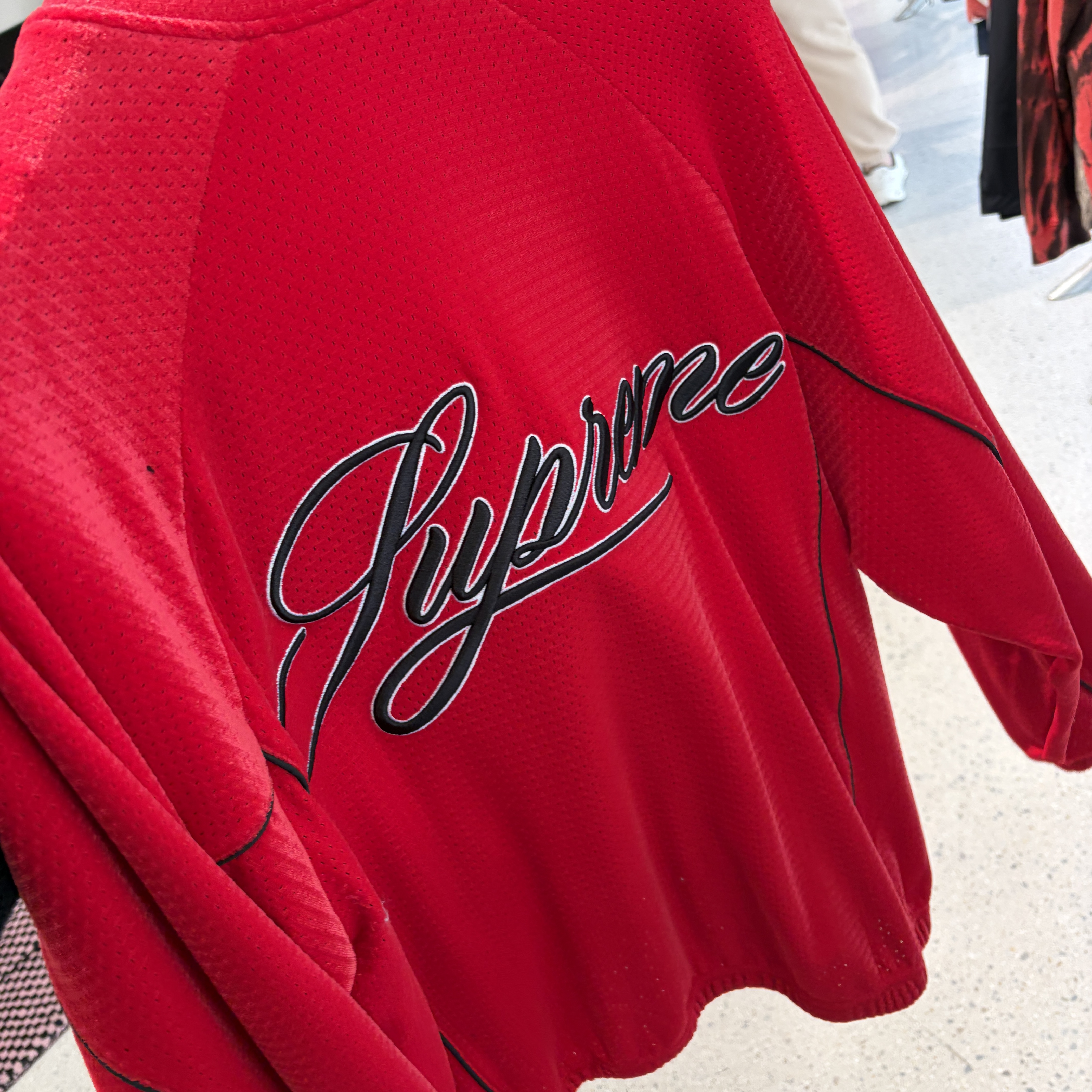 Supreme Velour Mesh Track Jacket Red - 26SS 착용 스타일