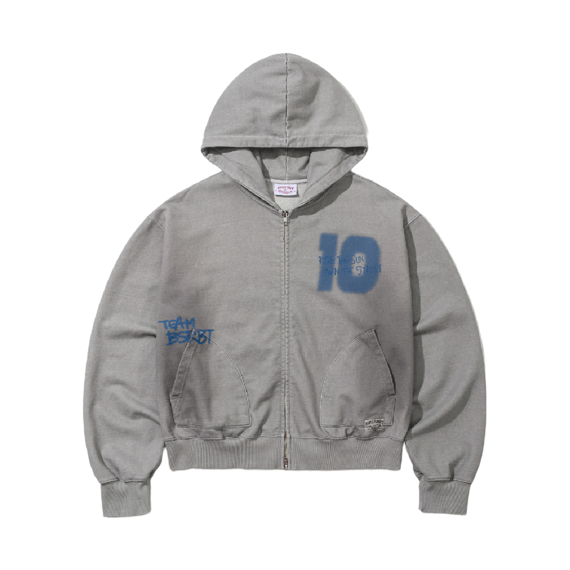 BSR26SSJK007 Bsrabbit Oil-Washed Graphic Zip-Up Hoodie Light Gray
