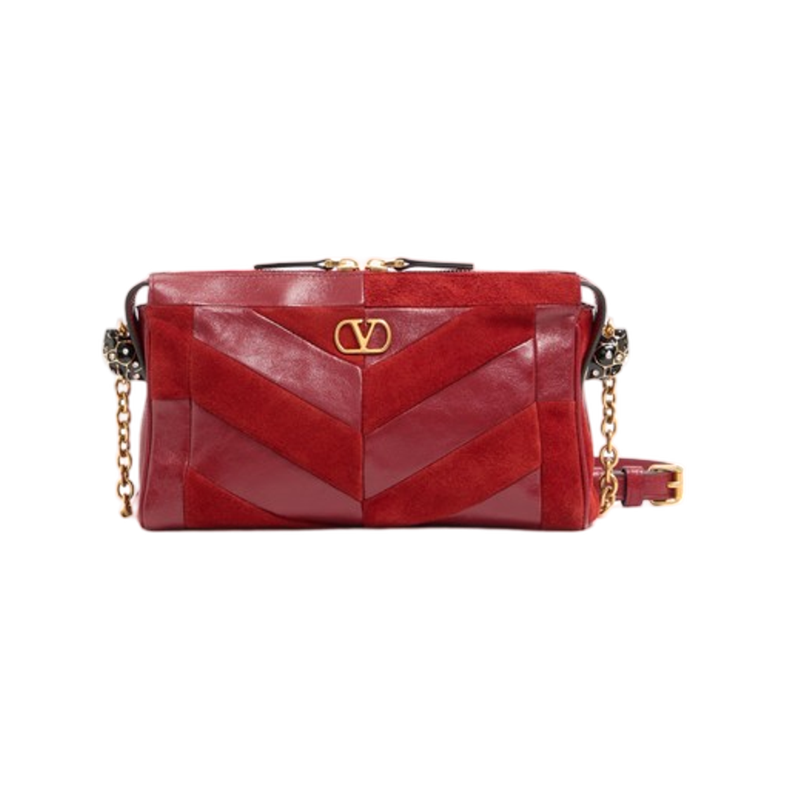 WB0S99DEDAQS Valentino Garavani Panthea Small Shoulder Bag in Suede and Nappa with Chevron Pattern Red