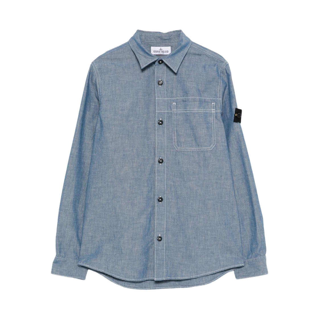 L1S1611000-02S0310-V0040 (Kids) Stone Island 1100002 Chambray Regular Fit Overshirt with Chest Pocket Light Blue - 26SS