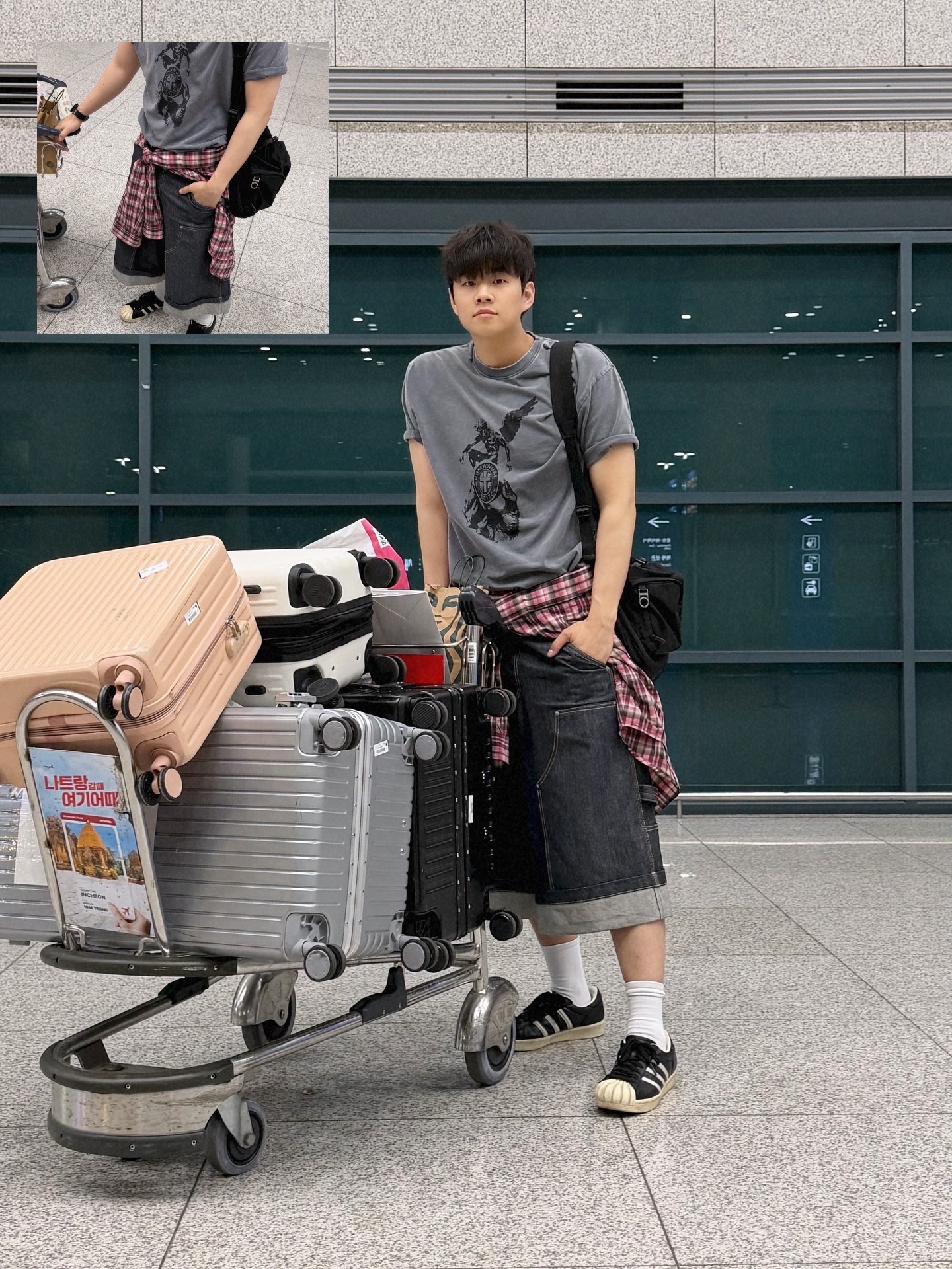 [KREAM 단독] NOMANUAL Devil Ring Damaged T-shirt Washed Charcoal, Adidas x Thug Club Superstar Vintage Core Black Cream White 착용 스타일 - 1