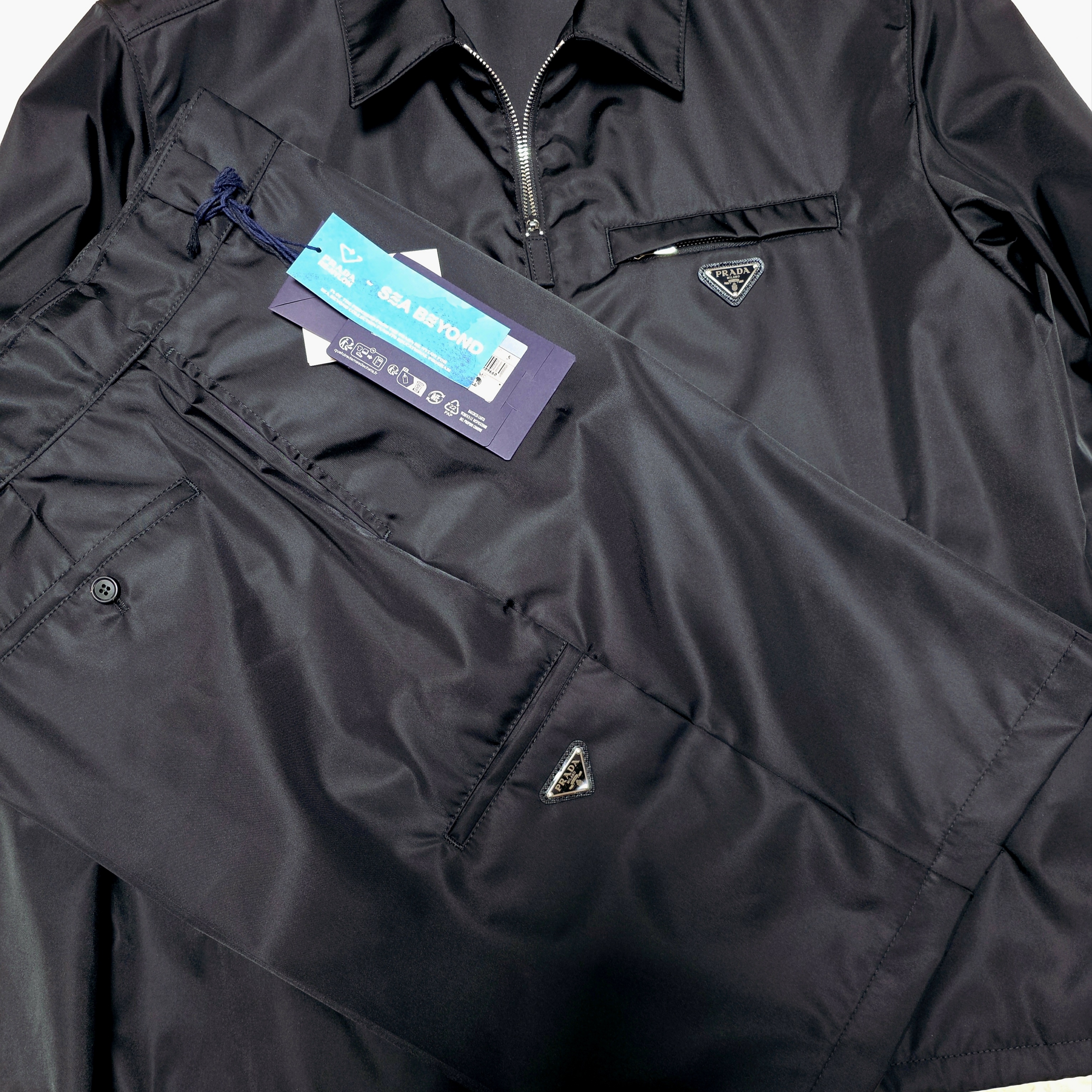 Prada Re-Nylon Zip Up Gabardine Blouson Jacket Black, Prada Re-Nylon Bermuda Shorts Black 착용 스타일