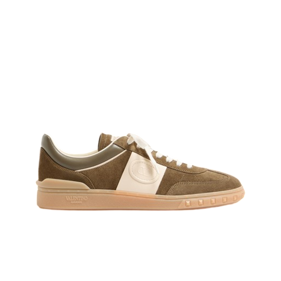 YS0H77LAL2AH Valentino Upvillage Low Top Trainer in Split Leather and Calfskin Nappa Leather Military Green Ivory