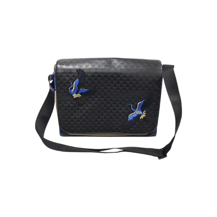ITFQLIS84UK7 Giorgio Armani Black Eagle Pattern Embossed Leather Bird Patch Messenger Crossbody Bag