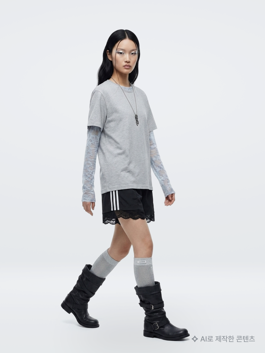 (W) Glowny Polly Lace Long Sleeve Baby Blue, (W) Adidas Lace Trim 3-Stripes Shorts Black - KR Sizing 착용 스타일 - 1
