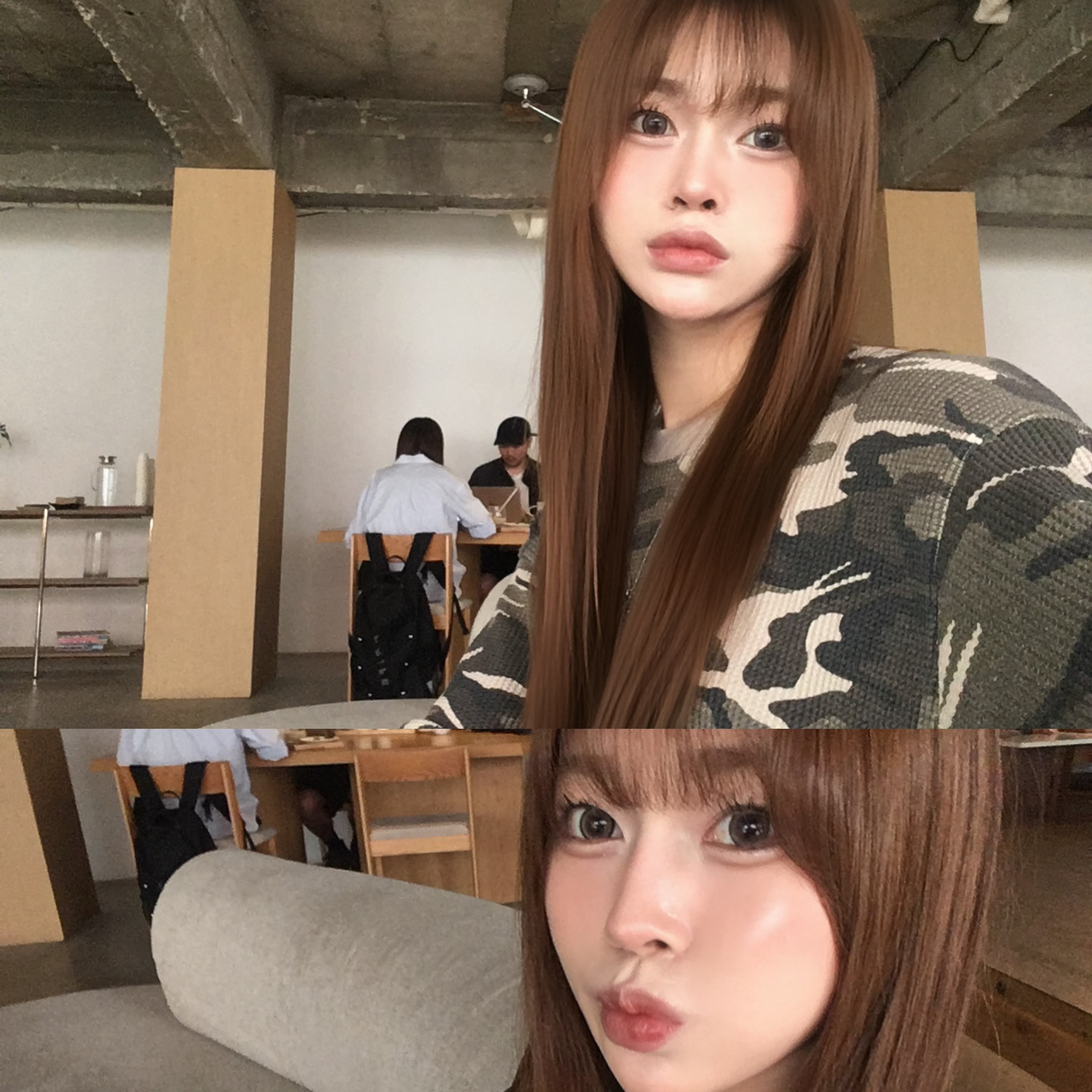 SLOW RECORD HOUSE Fingerhole Crop Long Sleeve Camo Beige 착용 스타일 - 2