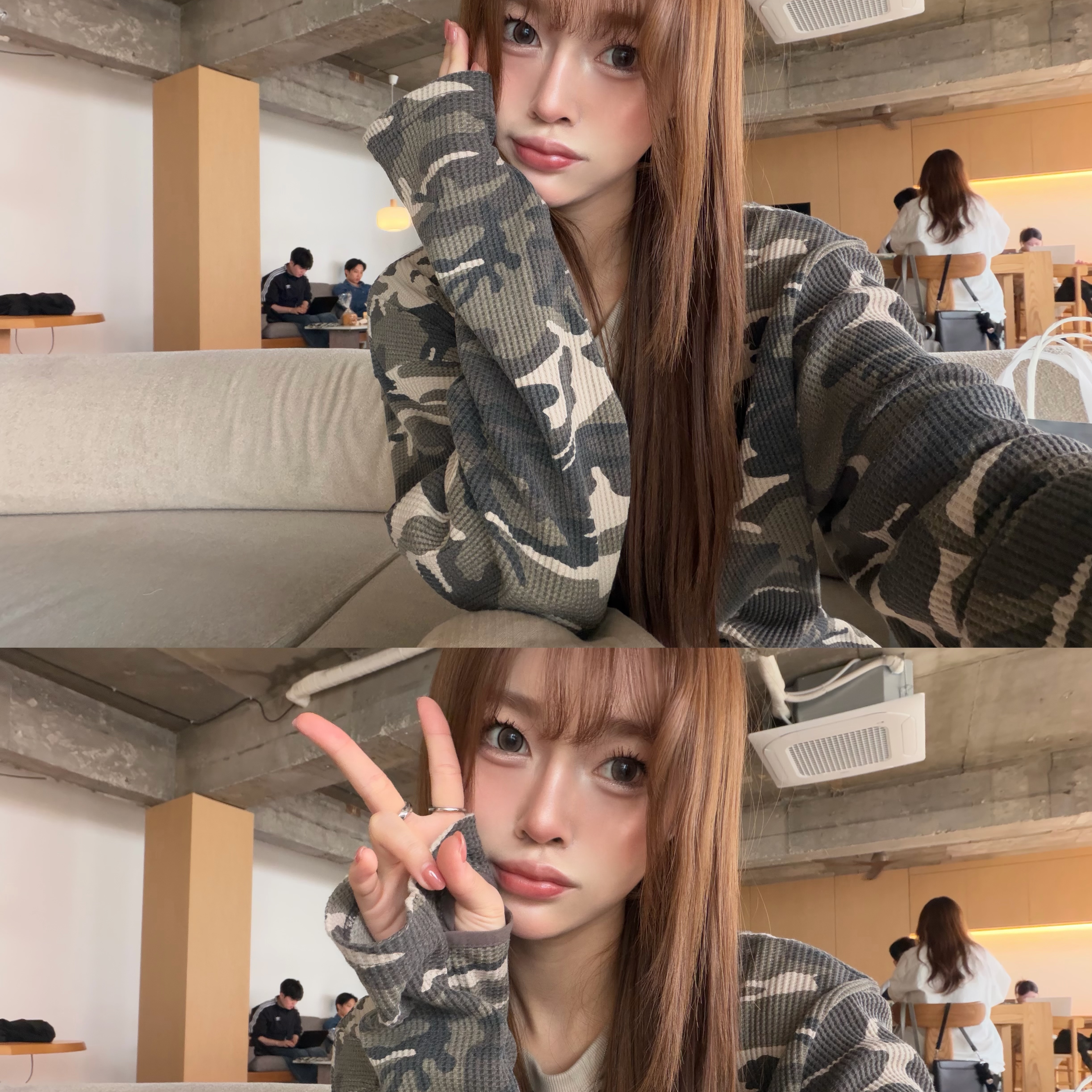 SLOW RECORD HOUSE Fingerhole Crop Long Sleeve Camo Beige 착용 스타일 - 1