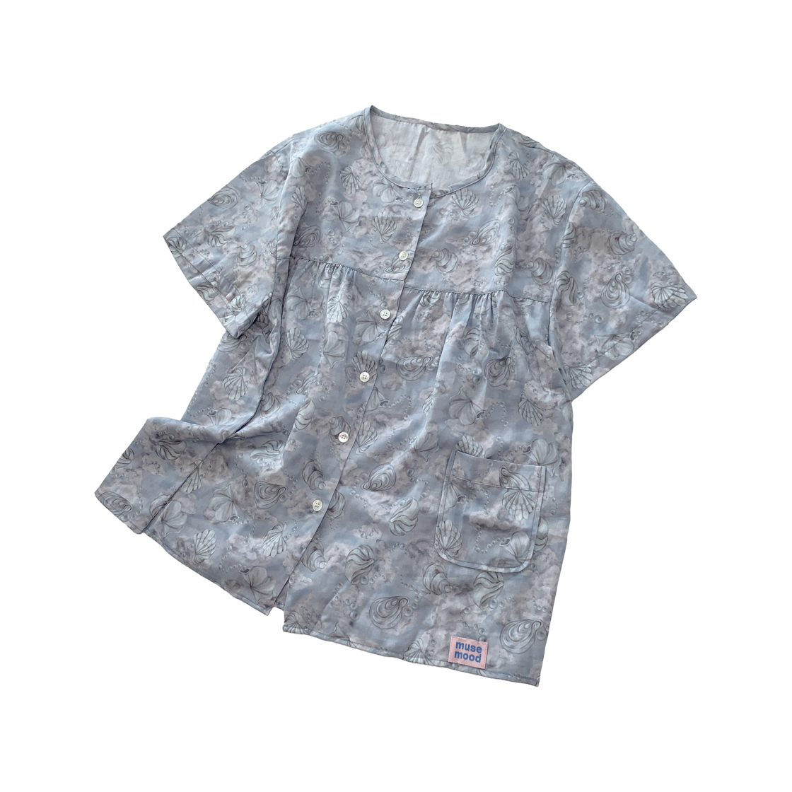 뮤즈무드 빈티지 쉘 썸머 파자마 라운드 80수 코튼 잠옷 그레이 블루(Musemood Vintage Shell Summer Pajama Grey Blue)